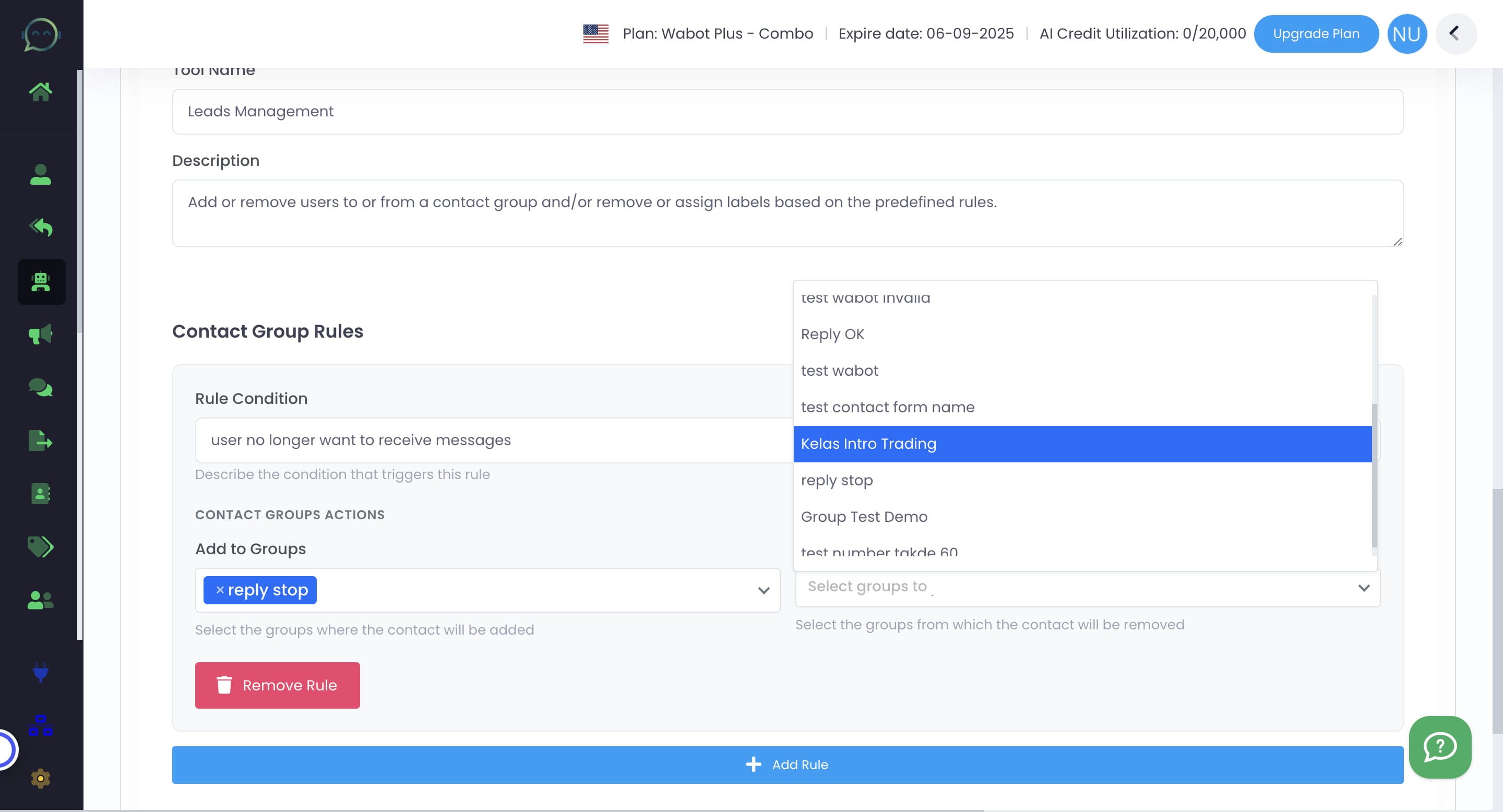 Choose which contact group you want to remove the lead from