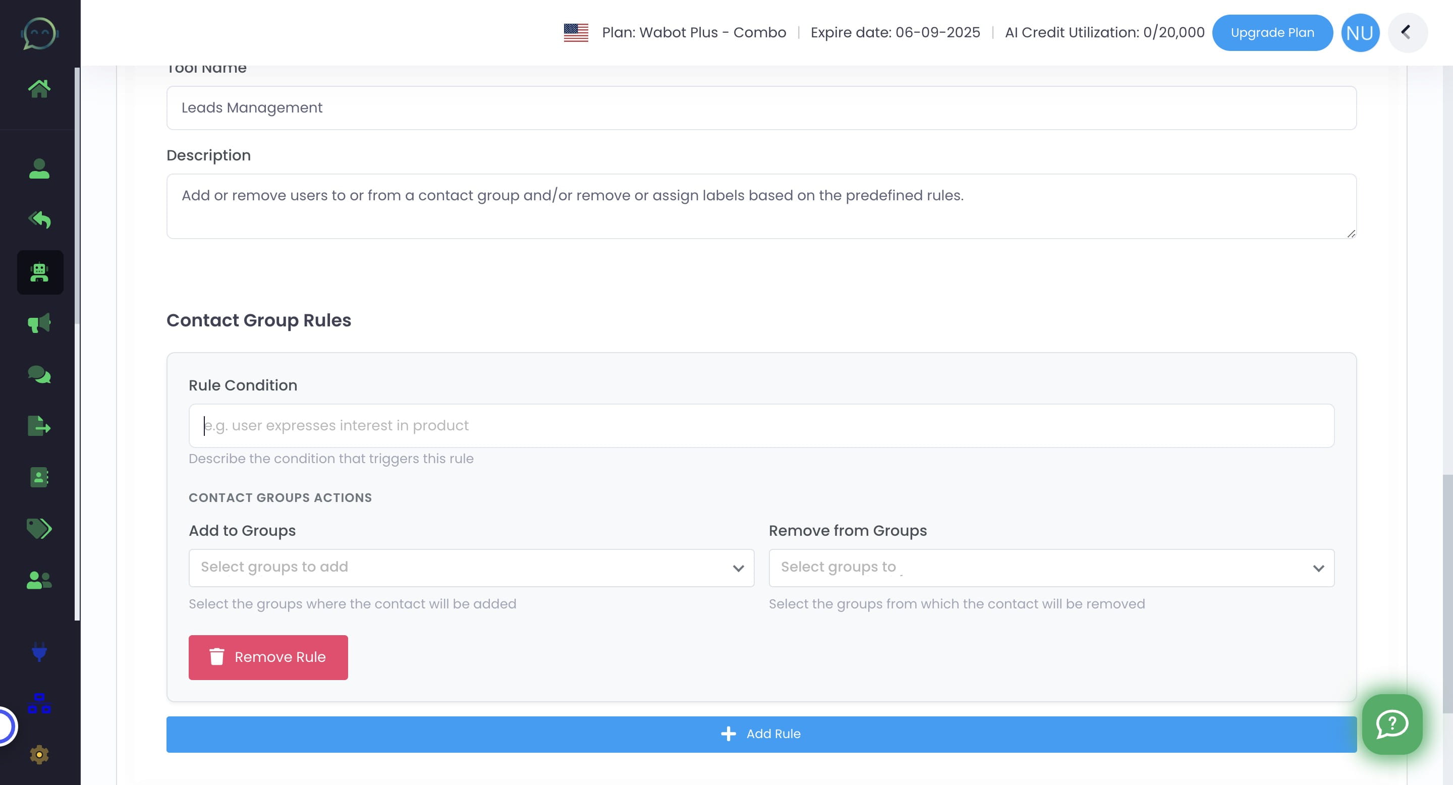 Insert the rule on how to manage the lead