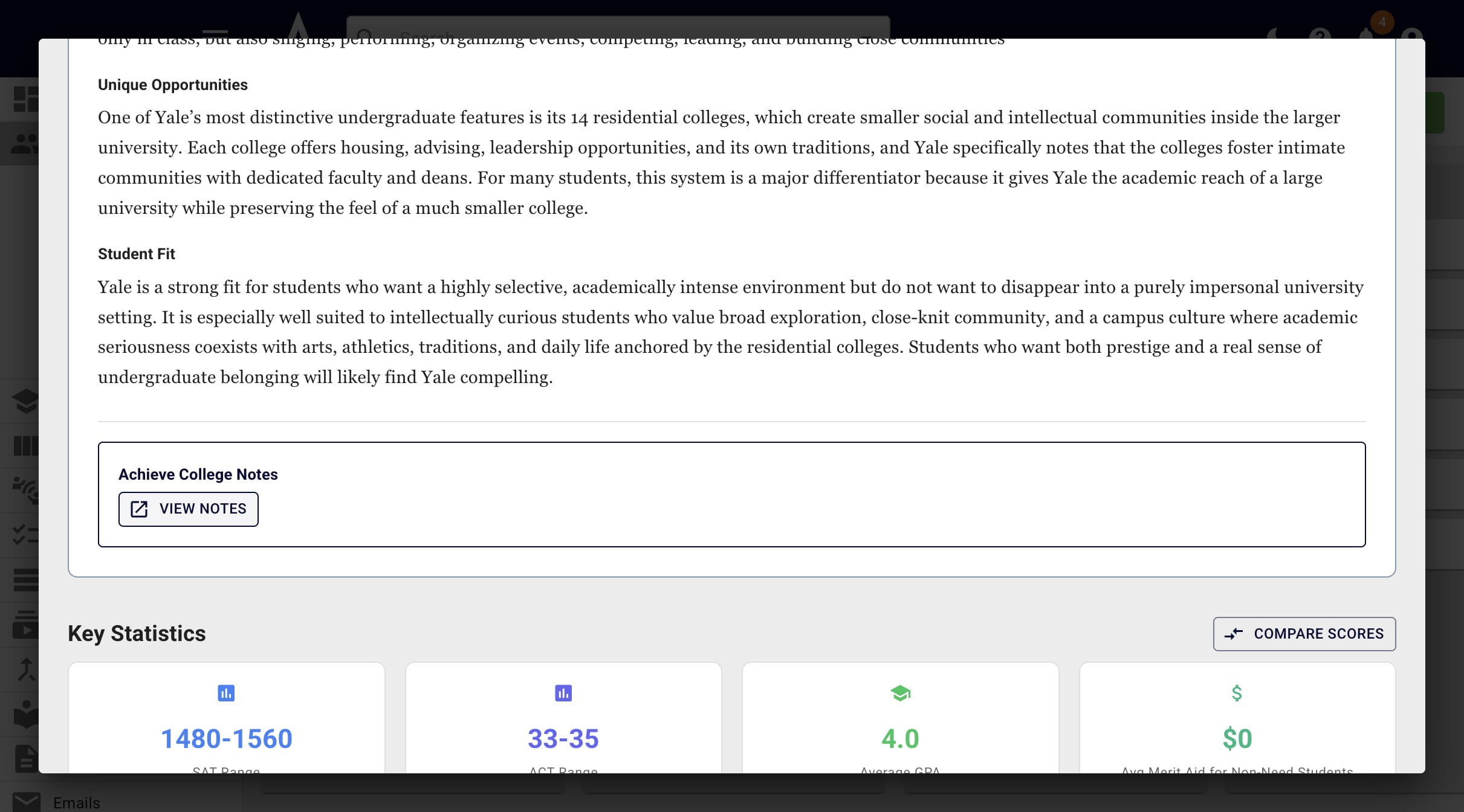 Below that, if applicable, you'll see college notes crowdsourced by our users (and vetted by us). This section is only viewable for advisors; students cannot view this. 