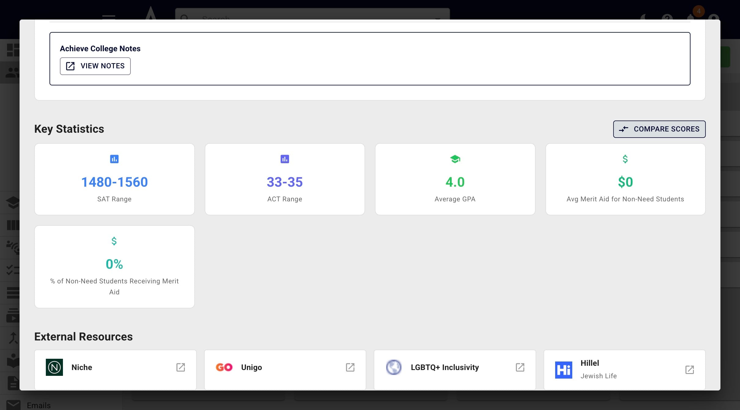 Next, you'll see key statics related to the college and the ability to **Compare Scores**