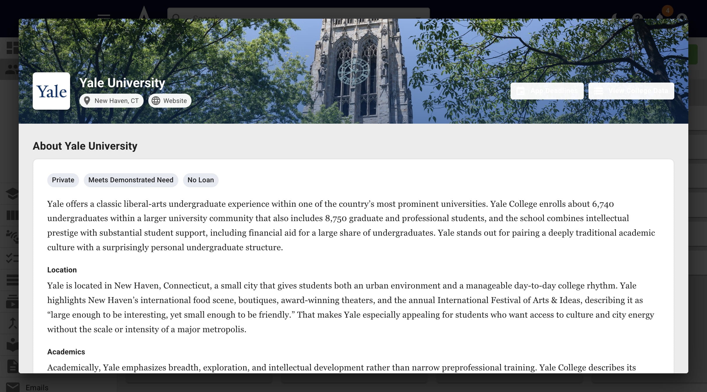 Below those buttons, you'll see **headings** related to the college and a Fiske Guide-esque overview of the college