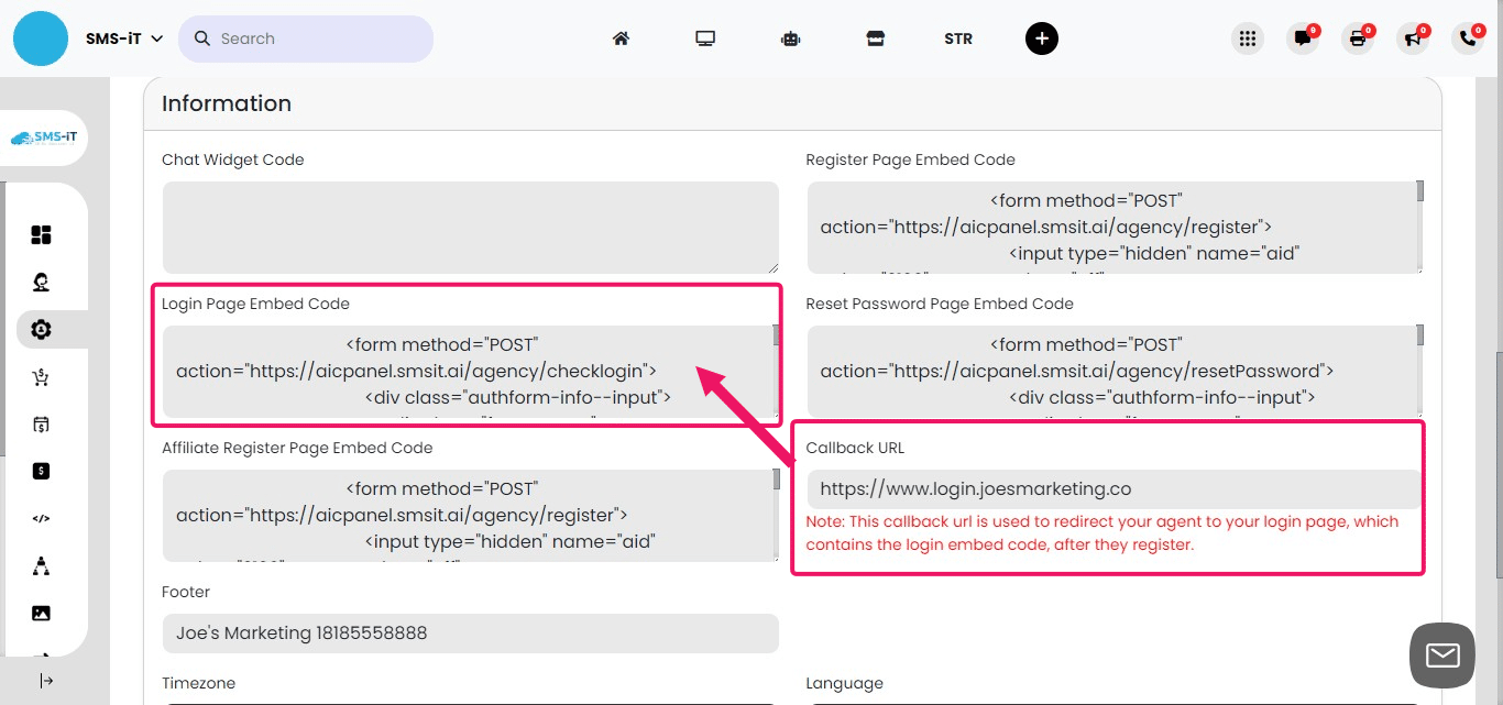 **Configure your Callback URL:**
        1. Enter your "Callback URL" - typically a subdomain like login.yourdomain.com
        2. This URL is where your clients will be redirected after registration
        3. Ensure this page contains your login embed code
        4. Embed the "Login Page Embed Code" on the specified page of your website