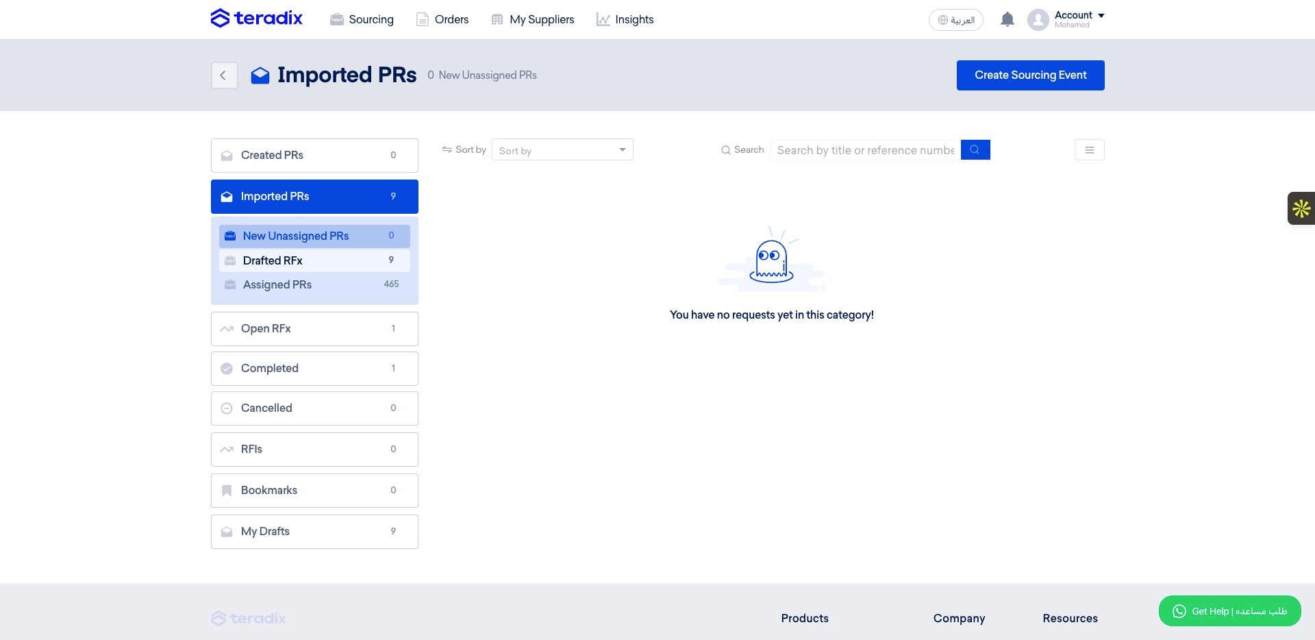 To see the RFx drafts, click on *Import PRs* then *Drafted RFx *