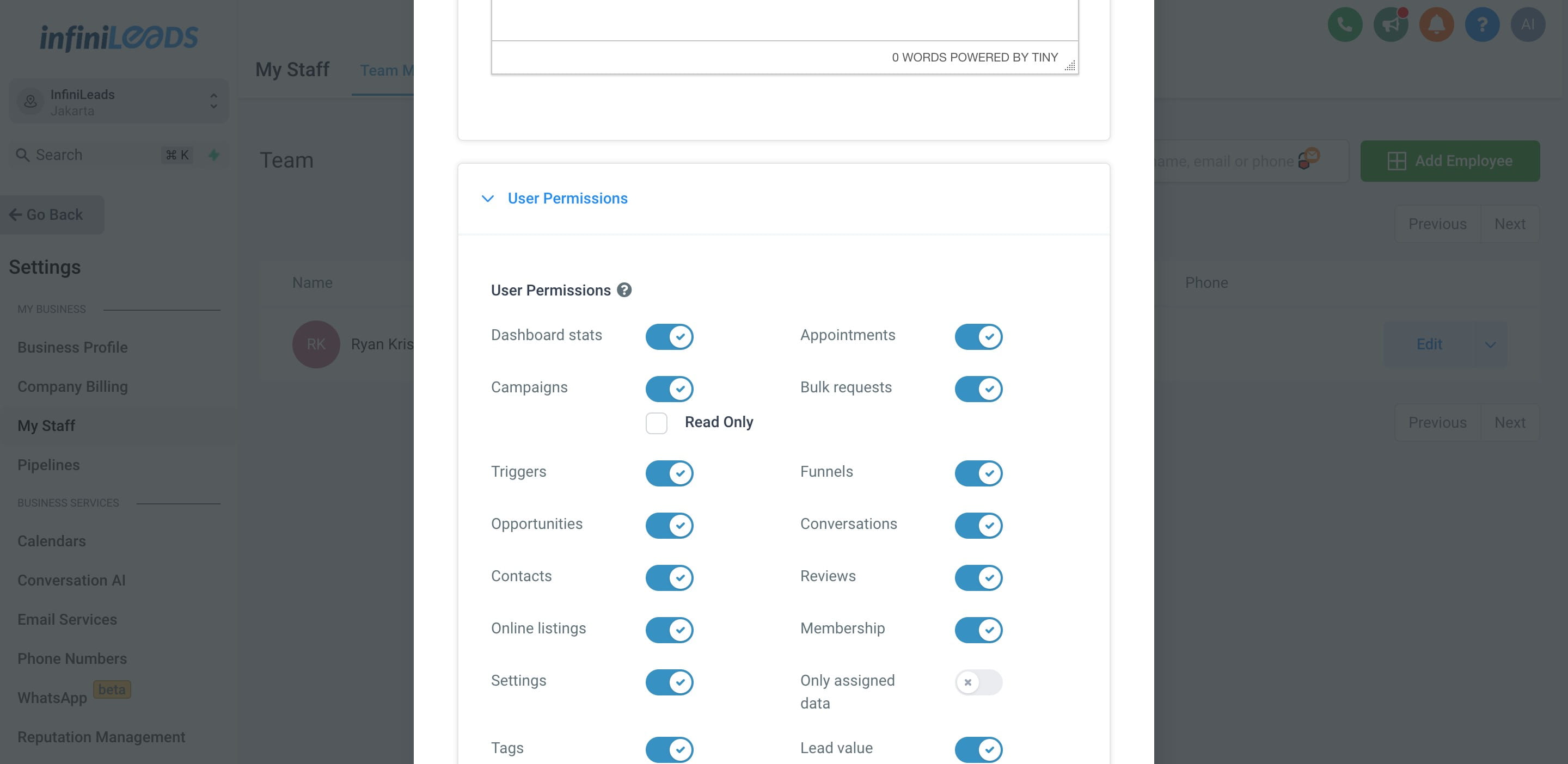 Setelah data lengkap, lalu klik "User Permission" untuk mengatur action pada user tersebut.