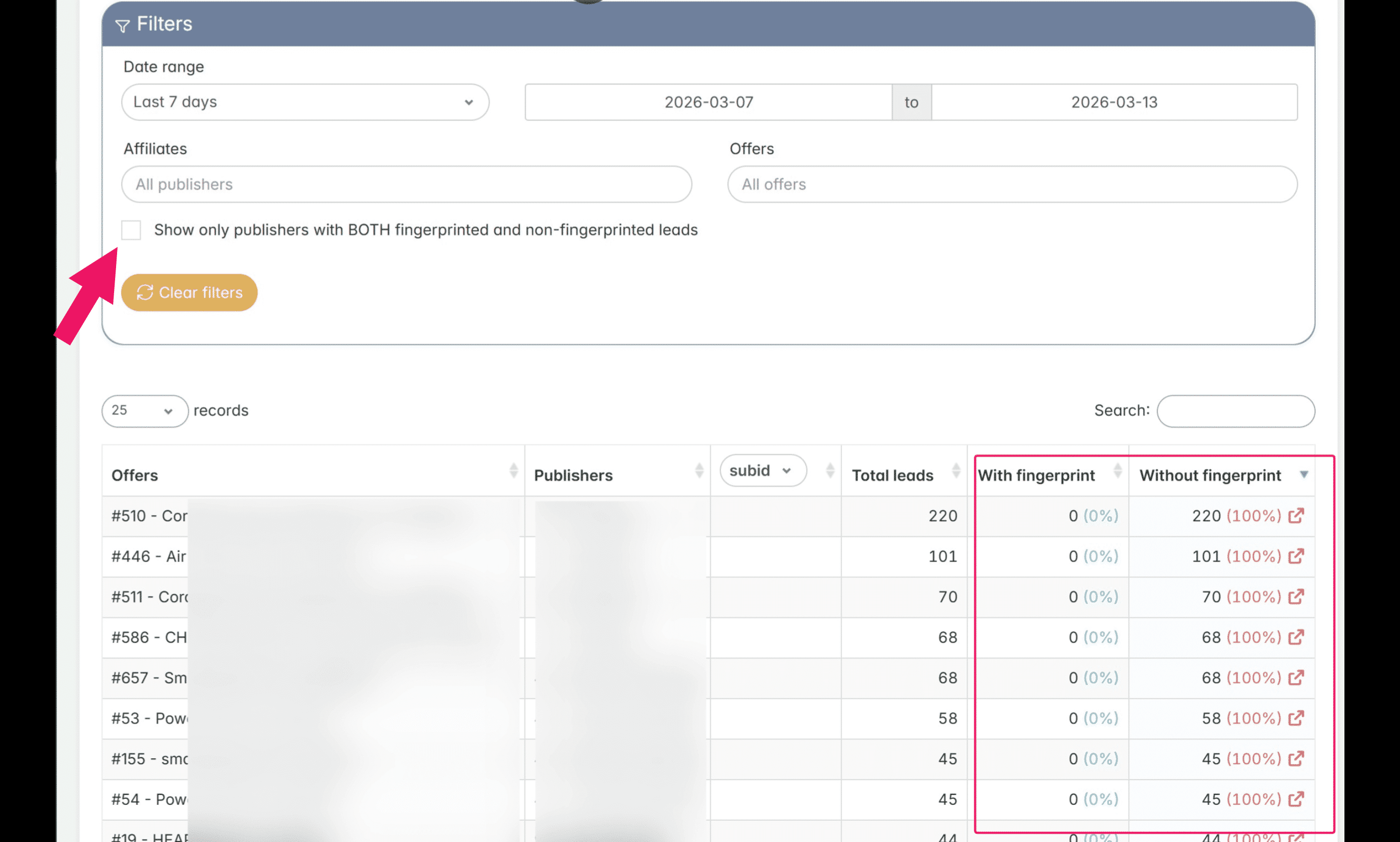Here you can view a complete report of all received fingerprints, filtered by affiliates (publishers) and offers. **This helps you easily identify affiliates who are sending traffic without a fingerprint.**
