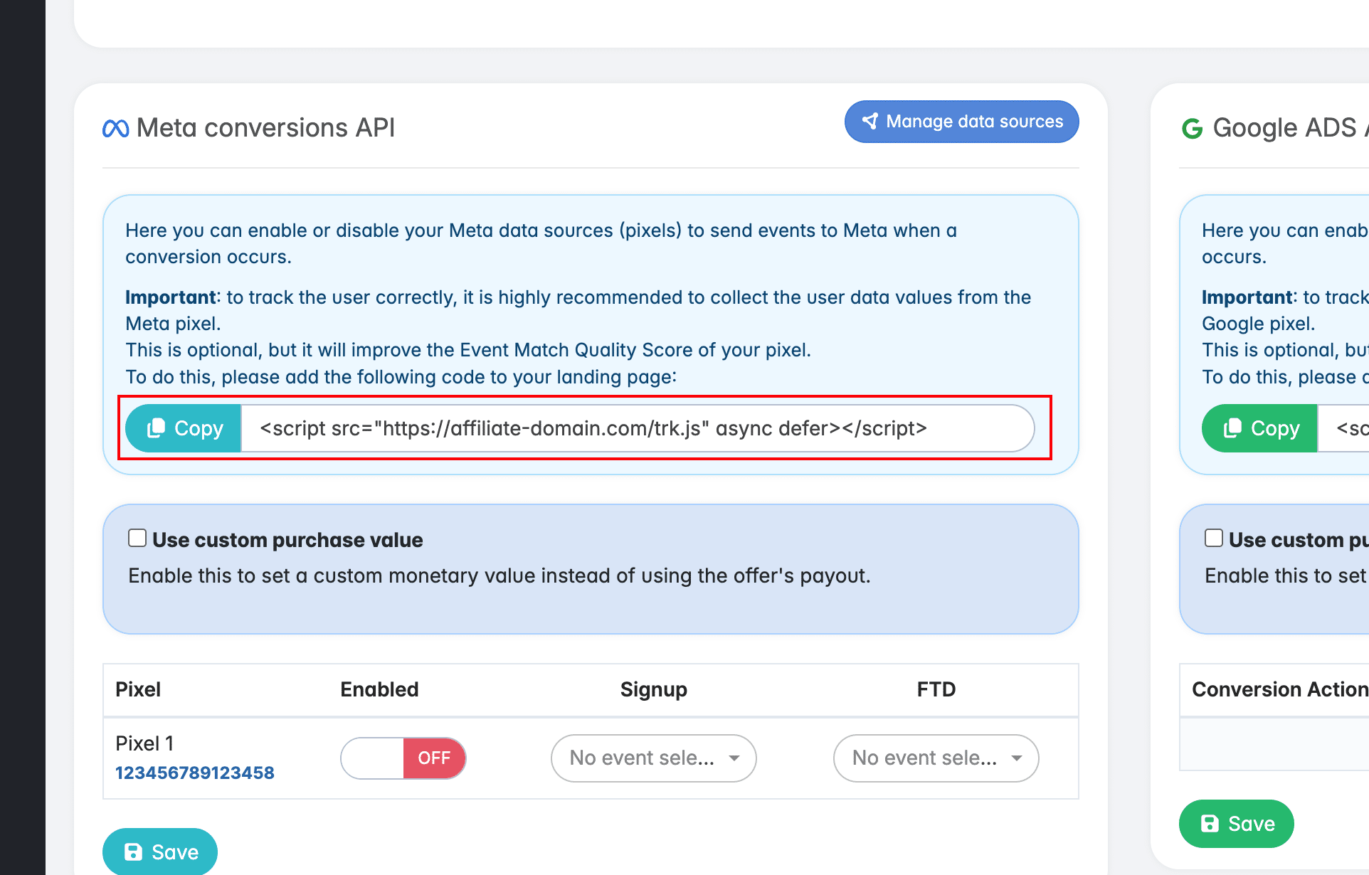 **If the affiliate uses a pre-lander, meaning a page hosted on their own domain,** they must add **our trk.js script** to their page in order to detect the traffic source and the full URL of the landing page. 