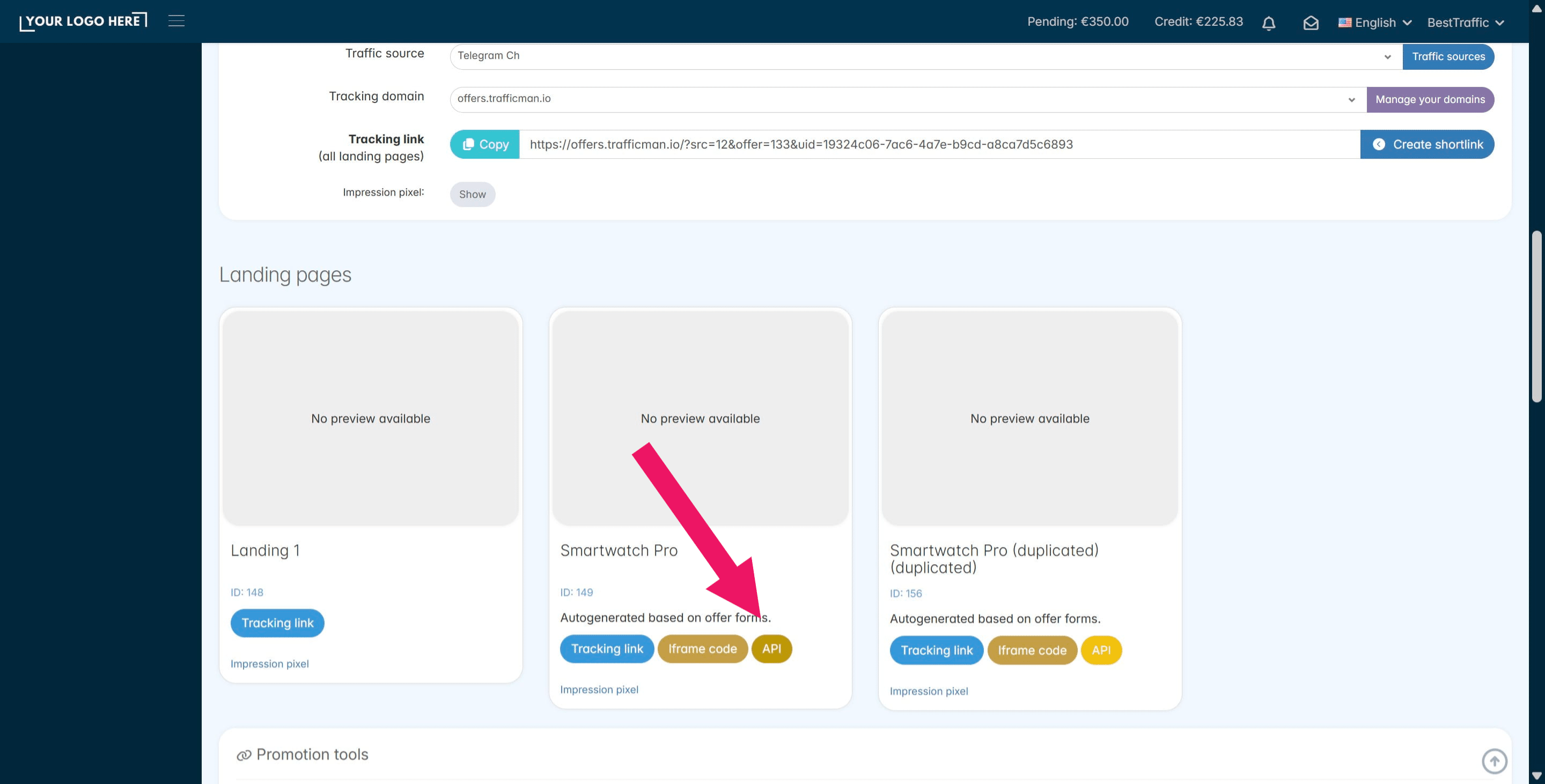 For **API integrations**, including third-party collectors such as Make, Zapier, or n8n, etc., affiliates can find a **<script> tag in the Offer API section**. *This script should be copied and pasted on the landing page(s) where the form is located.*