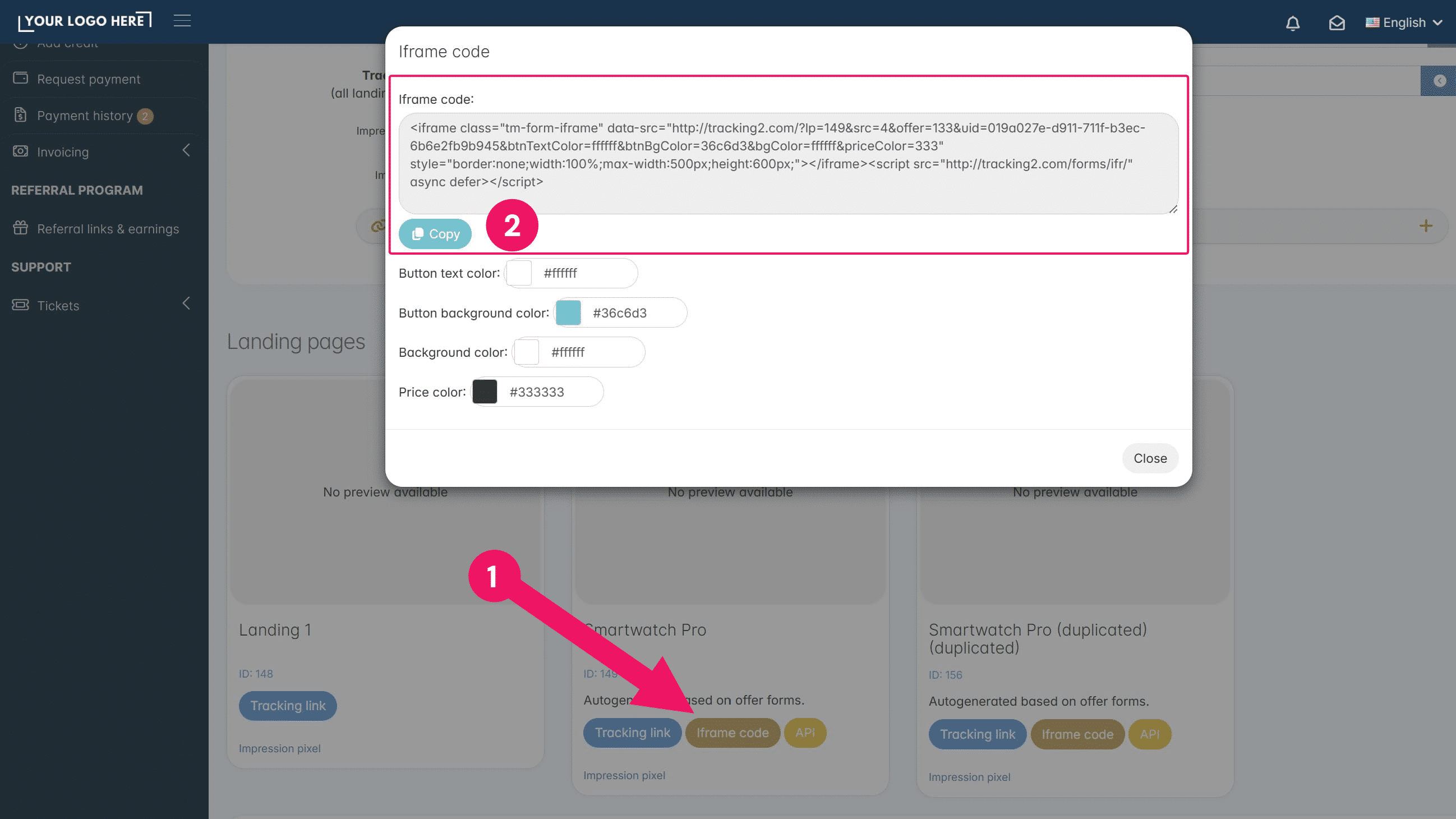 And click on the **Iframe Code** button.