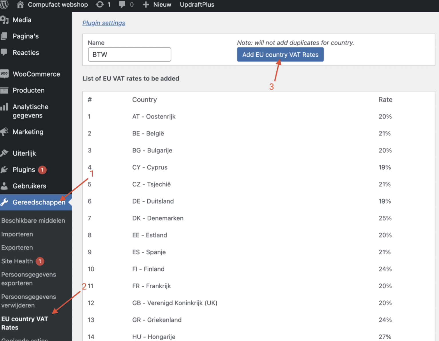 Voeg alle europese btw percentages toe via de ‘EU/UK VAT Manager for WooCommerce’ plugin, dit kan makkelijk via deze 3 stappen