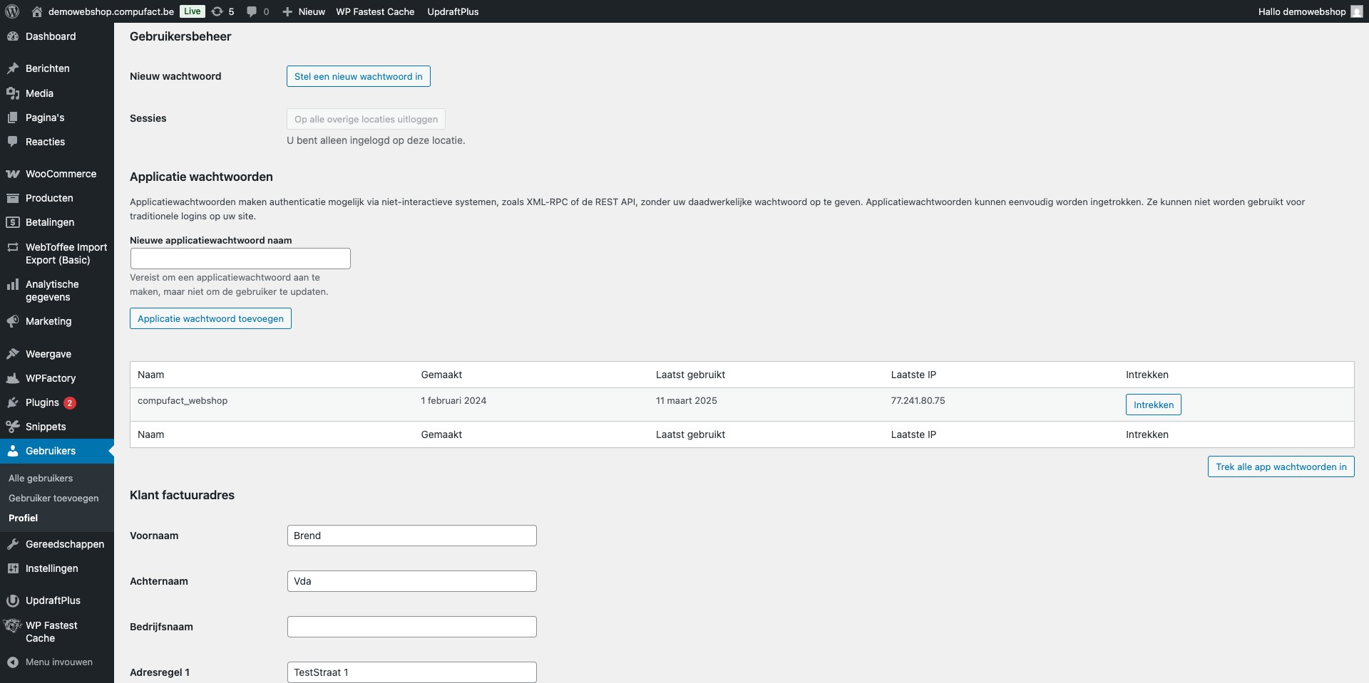 Klik op "Nieuwe applicatiewachtwoord naam" Vul een naam in voor het applicatiewachtwoord, vb. compufact_webshop en klik op de knop ‘Nieuw applictiewachtwoord toevoegen’, bewaar het nieuwe wachtwoord, dit hebben we later nodig. 
