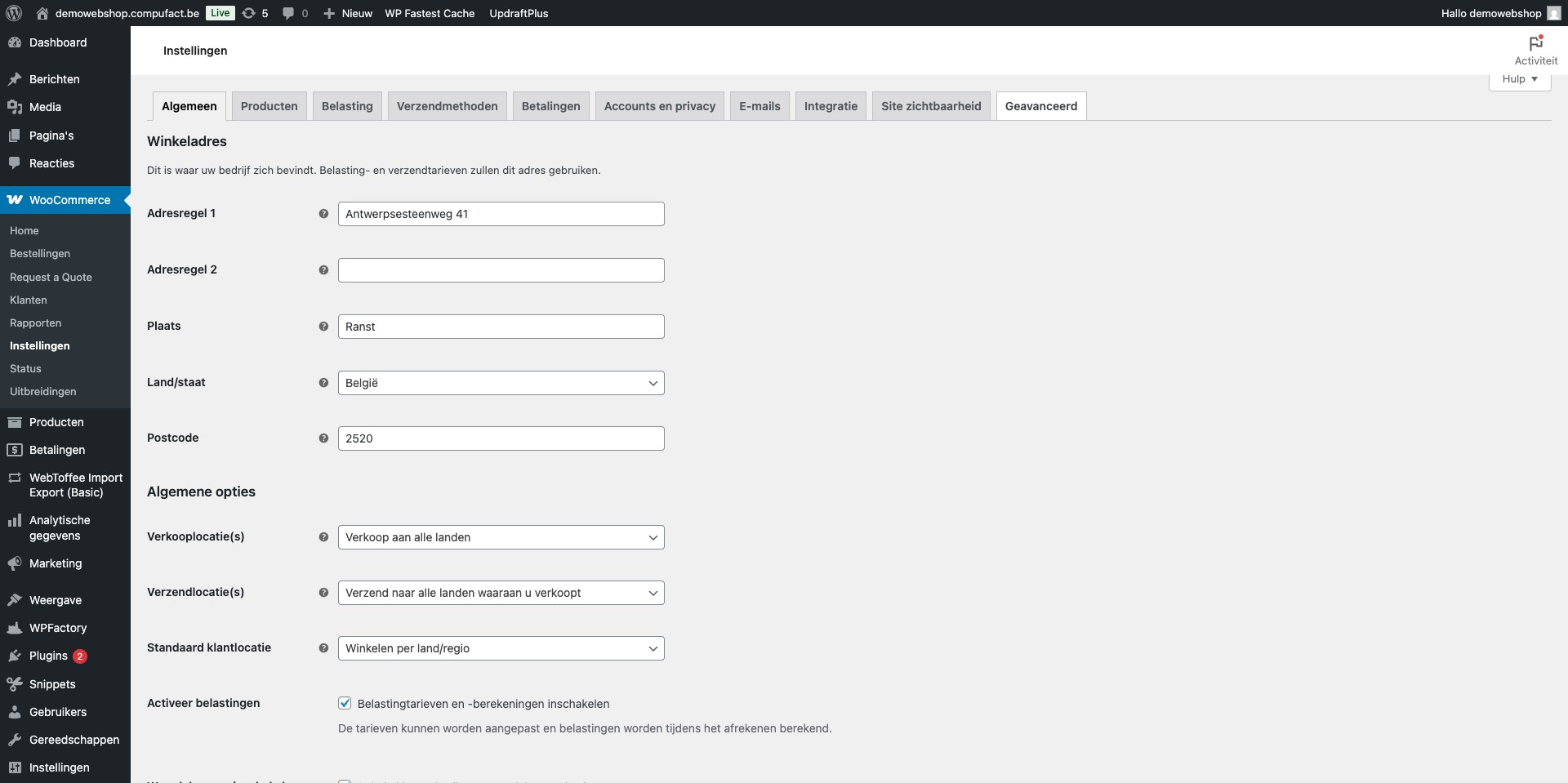 Tab ‘Algemeen’, vul de velden in van je winkeladres.  Hier kan je ook bepalen vanuit welke landen men een bestelling kan plaatsen en naar welke landen je leveringen wil doen. 
Klik daarna op "Geavanceerd"