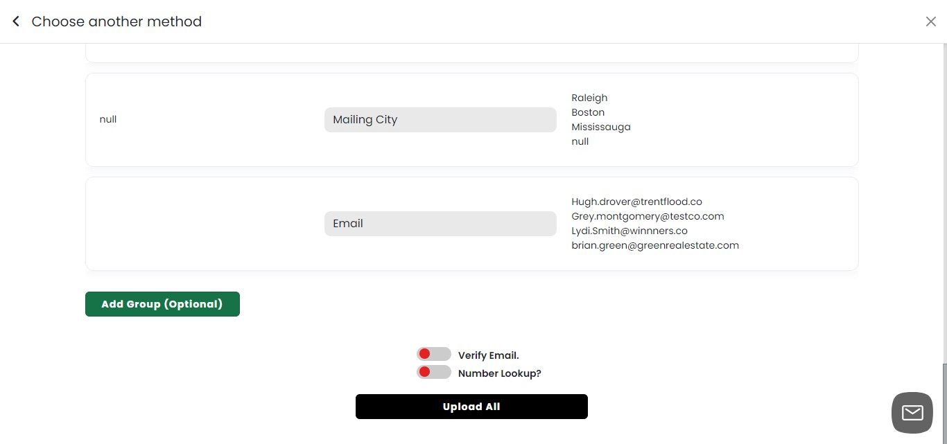 After mapping your data and selecting the desired import options, click on "Add Group (Optional)" to assign the leads to a group.