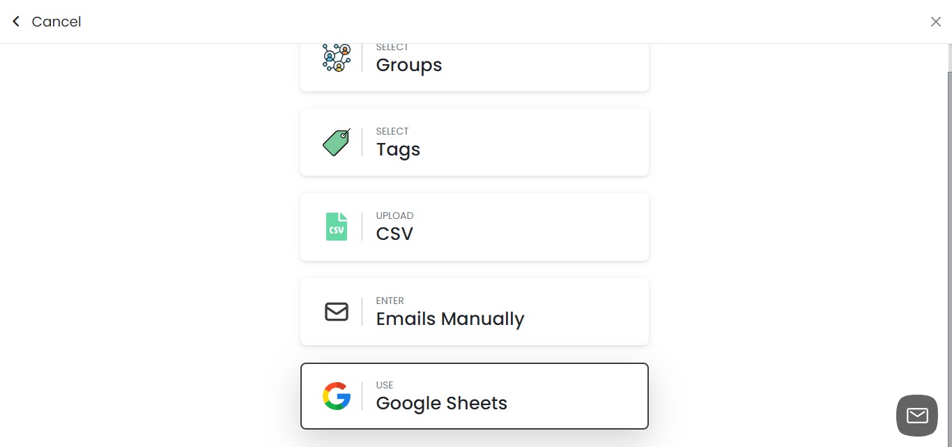 To import leads from a Google Sheets document, click on the "Google Sheets" option.