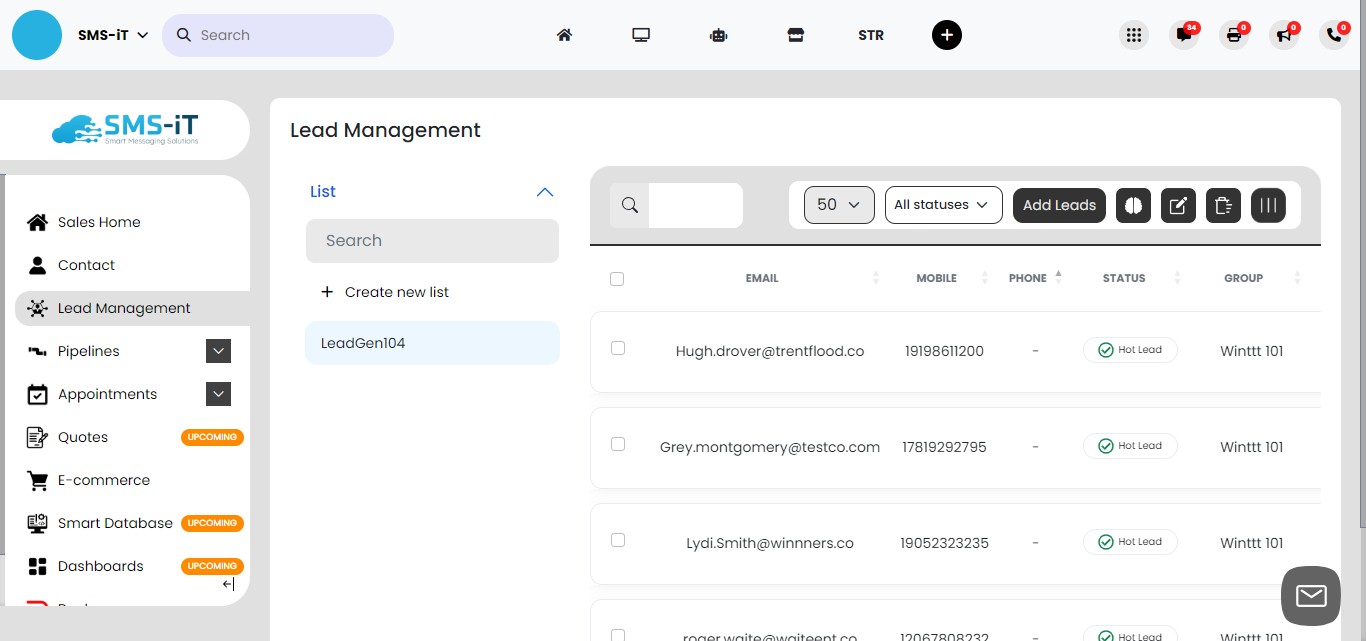 All statuses" dropdown menu to filter leads by Hot Leads, Cold Leads, Invalid Leads, or Valid Leads.