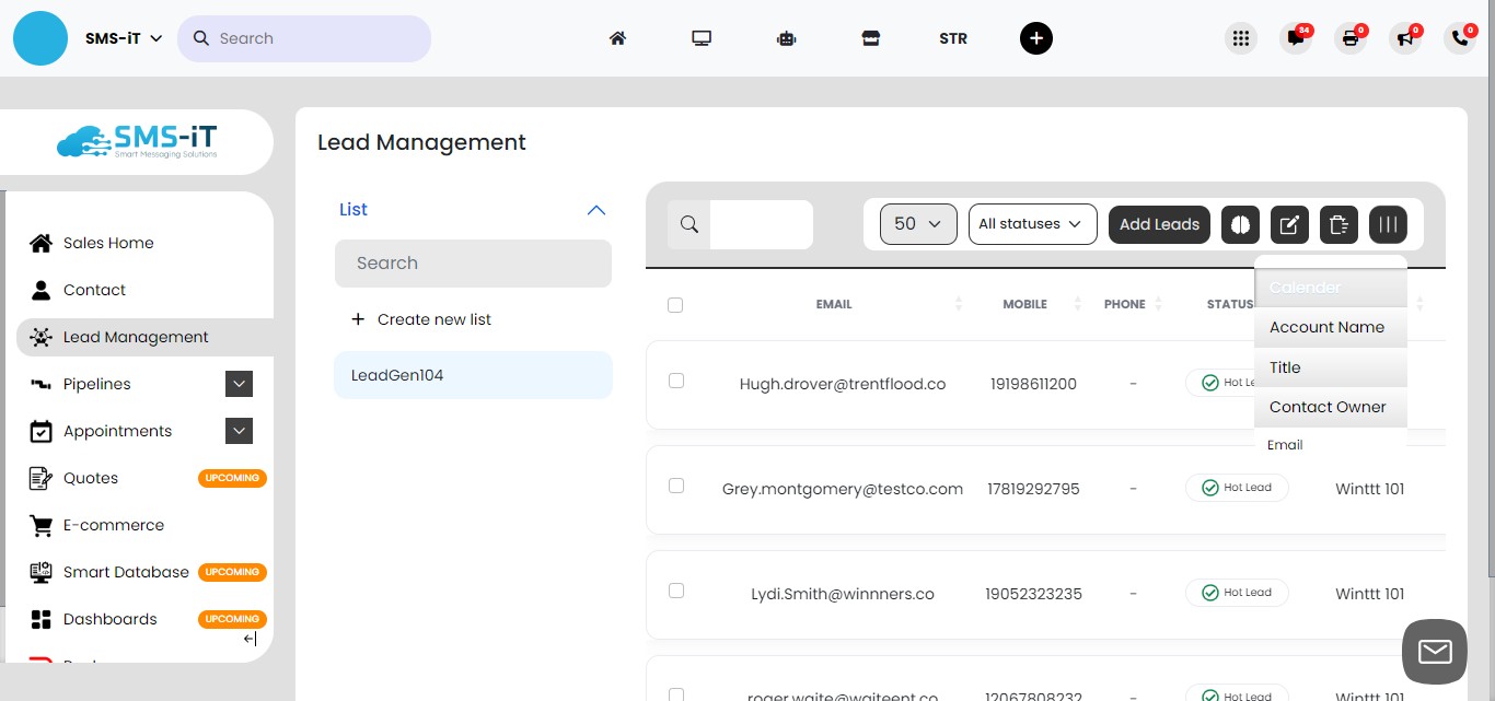 Customize your lead view by selecting the columns you would like to display.