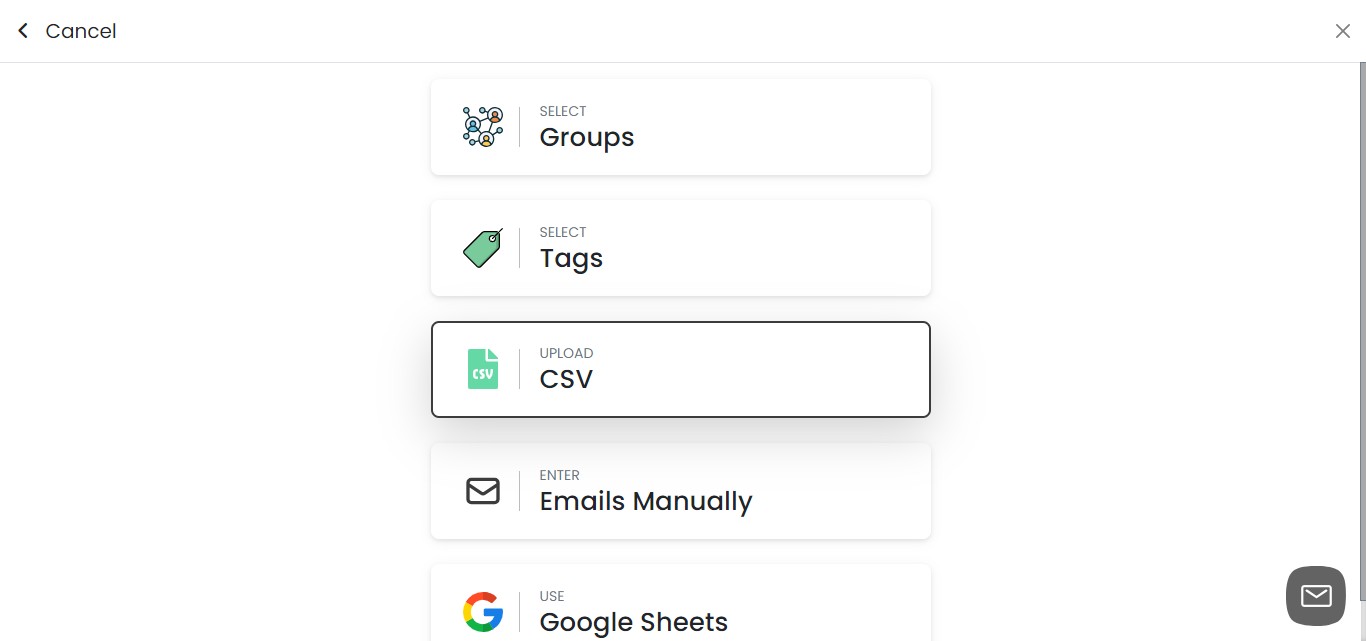 To import leads from a CSV file, click on the "CSV" option.