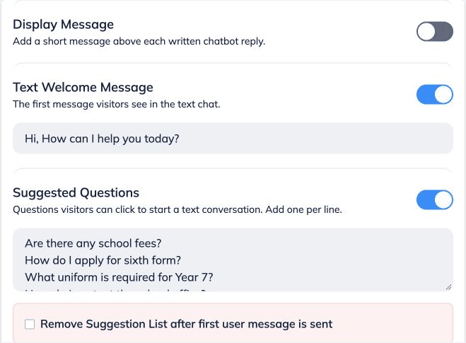 After you add the suggested questions. You can see the added suggested questions here.