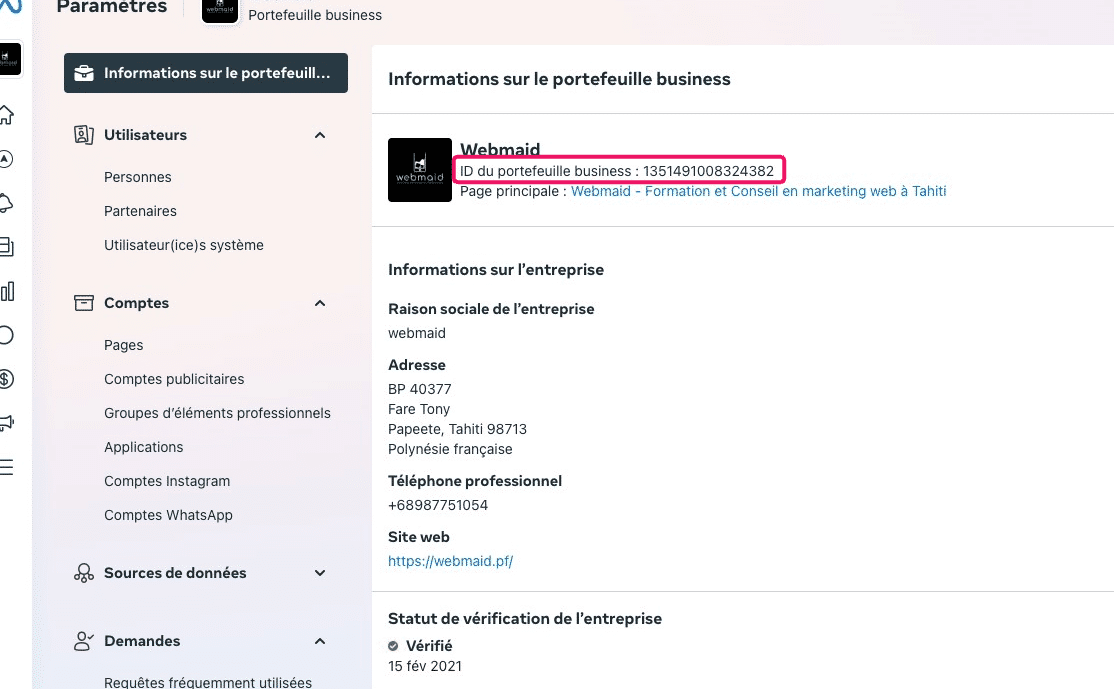 L'ID du portefeuille business dans le cas présent est : 1351491008324382"