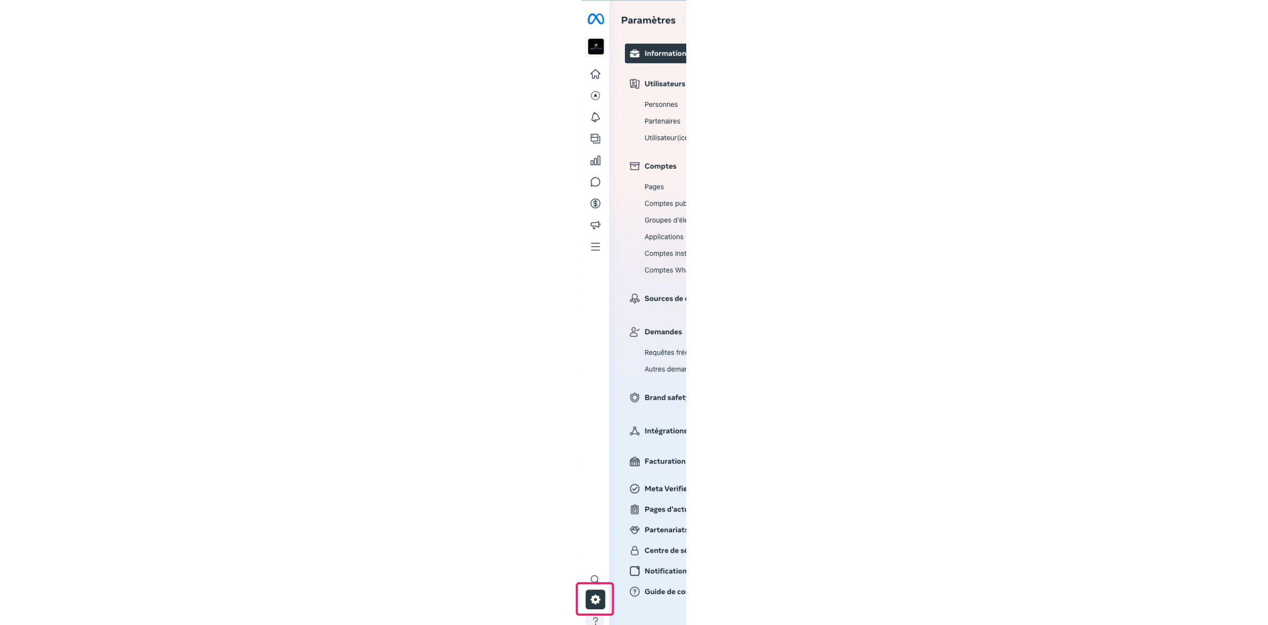 ## Trouver l'ID du portefeuille Business depuis les informations de l'organisation.
Cliquer sur la roue crantée du menu vertical de gauche.