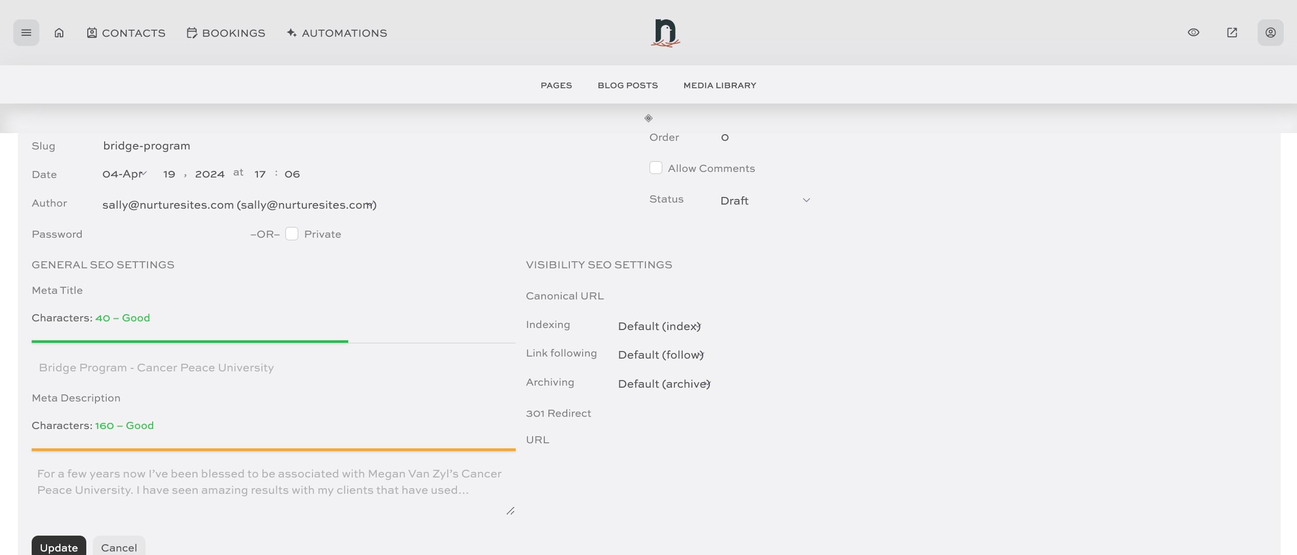 Update the 'slug' to match the page name, then click 'Update' to save.