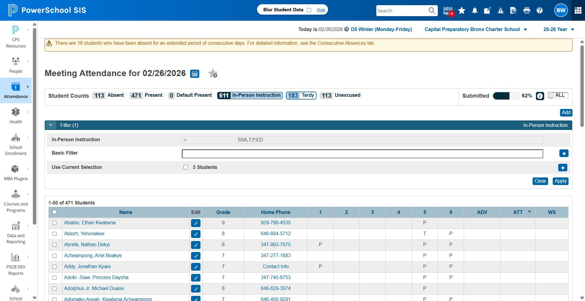 Click on "Tardy". Review the ATT Column. Every student MUST have a P for Present, A for Absent, T for Tardy, EX for Excused Absent, OSS for Suspension, and SSA for School Activity in the ATT column.