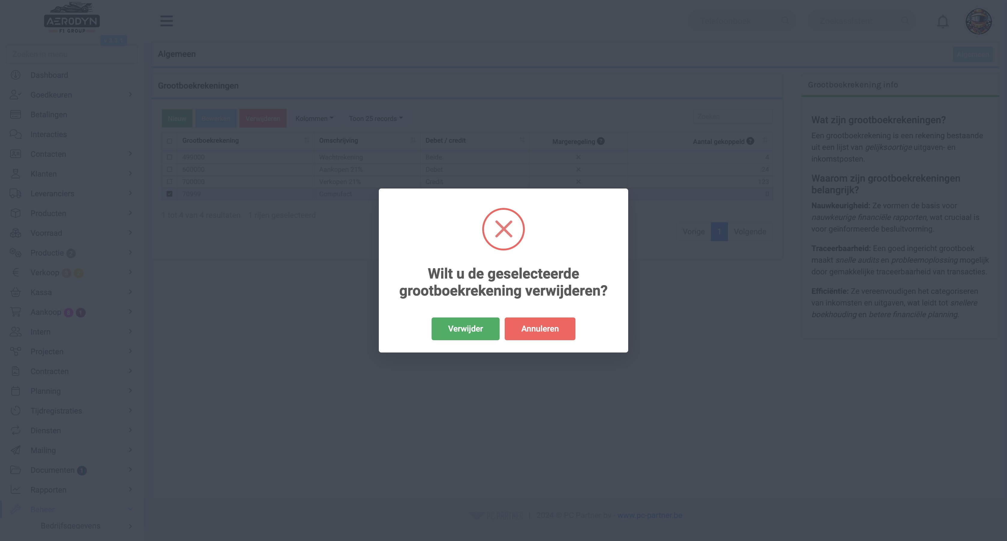 Er zal een 'alert' verschijnen waar u moet bevestigen om de grootboekrekening te verwijderen.