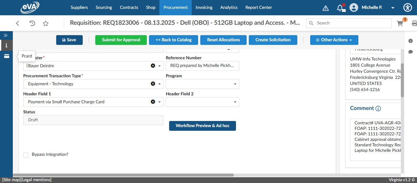 Then we need to select the pcard of the Cardholder paying. Click the Pcard icon on the left menu.