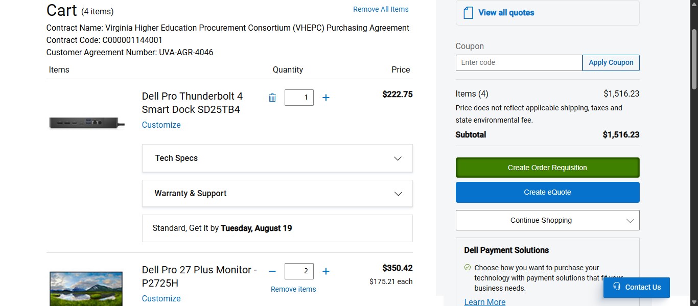 Once you've reviewed the items selected in the cart are accurate to what is requested, you can click on "Create Order Requisition."