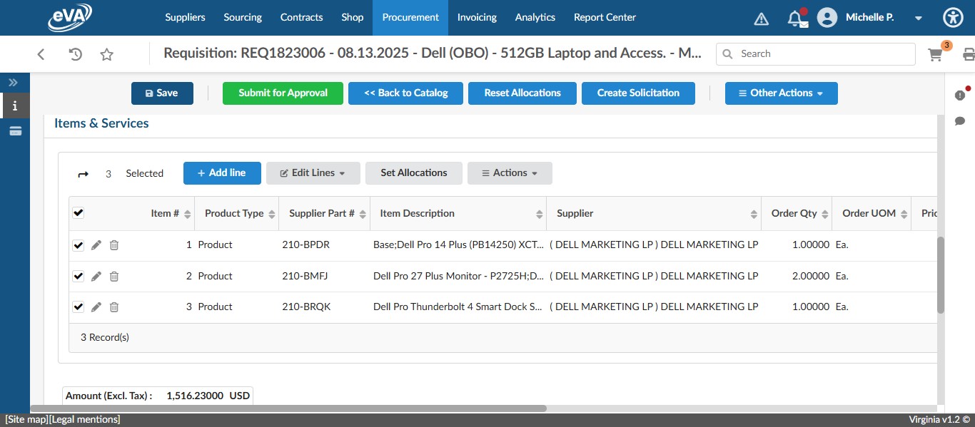 To multi-select items for mass FOAP editing, select the check marks next to the line items you want to set, or select the check box next to Item # to auto-select ALL line items and then click on "Set Allocations"