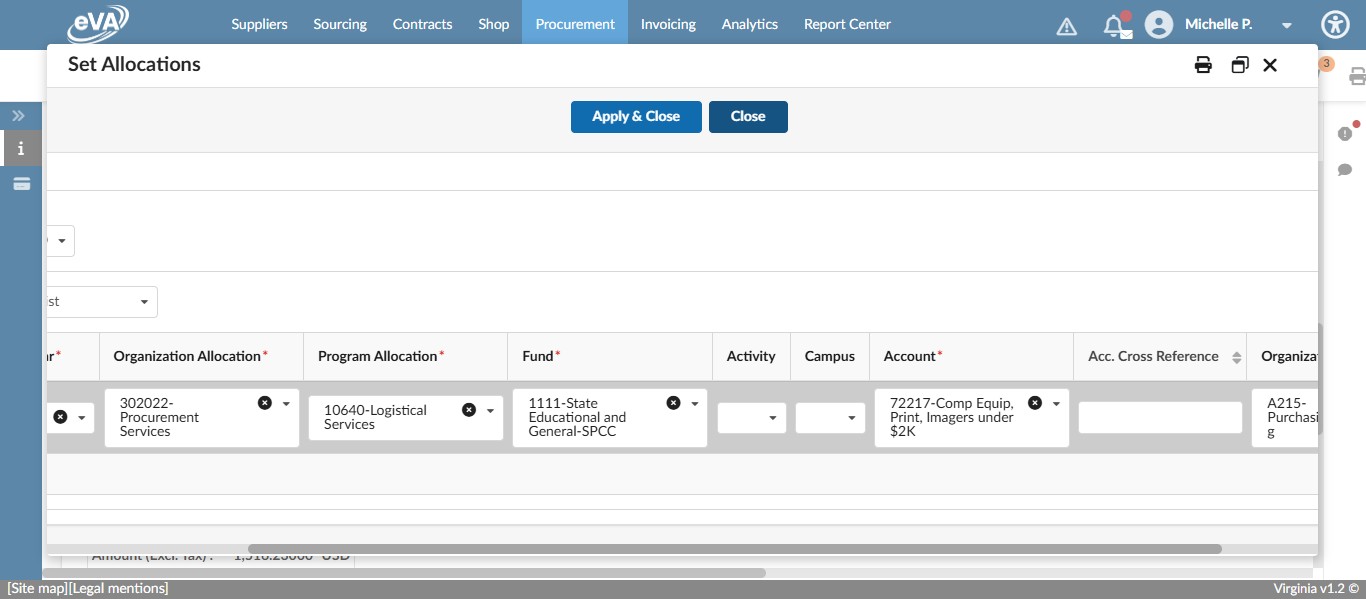 Enter the Fiscal Year, Organization, Program, Fund, and Account codes then click on "Apply & Close." Enter the Account code that will be used the most for these line items.