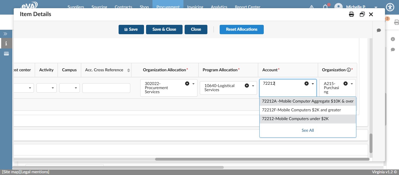 Scroll down to the FOAP and edit what is necessary. In this case, the line item is a laptop and should not be coded as a peripheral, so we are changing the account code from 72217 to 72212.