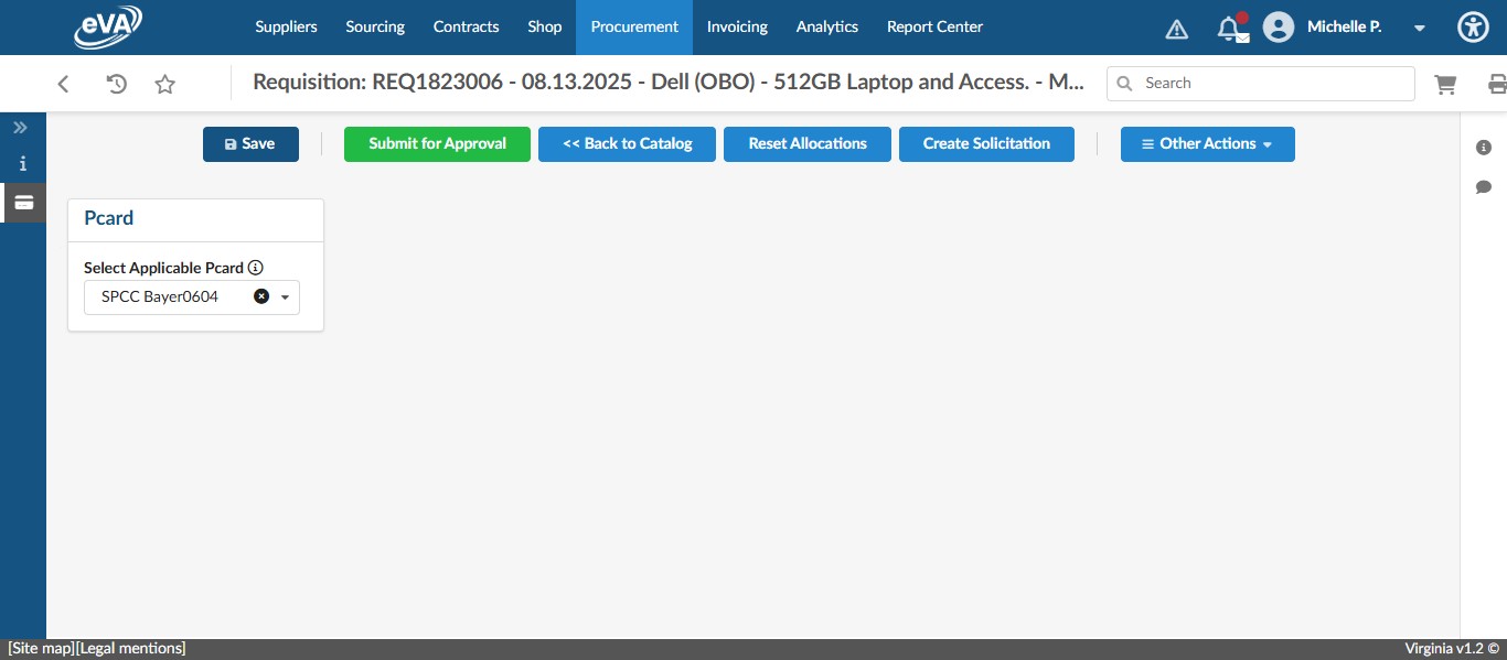 Once the card is saved and you've reviewed the requisition, you can click "Submit for Approval." 