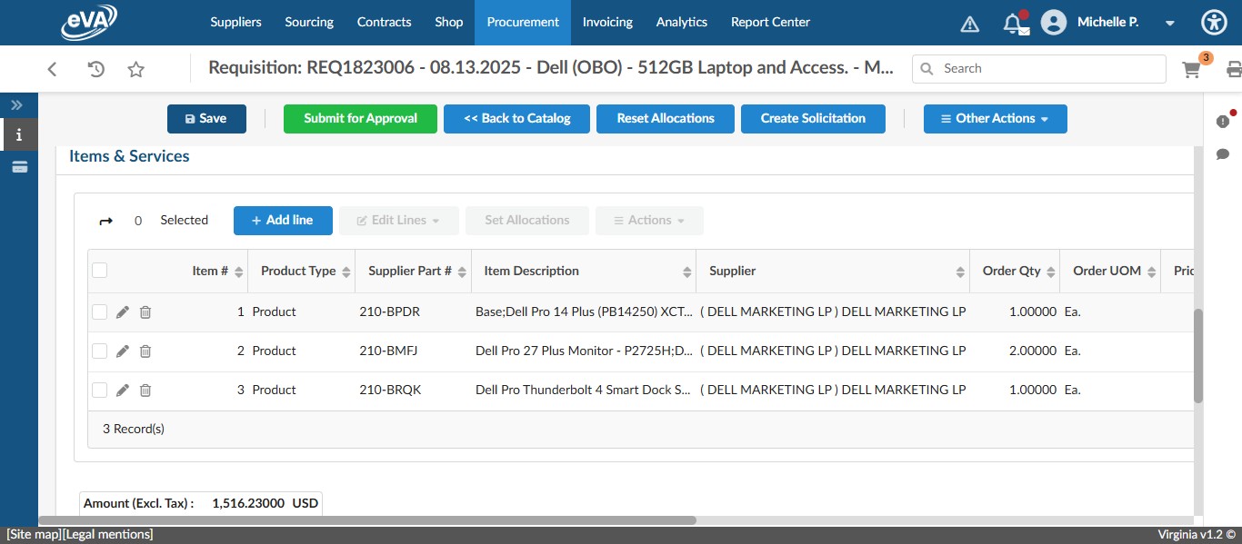 Scroll down to the Items & Services section to edit our line items. Because this is a catalog purchase, all shopping cart selections have automatically been made into line items. The only edits needed are to include a FOAP and change any shipping information as needed. 

For multiple line items, it is easiest to mass edit and change an individual item if one FOAP is different.