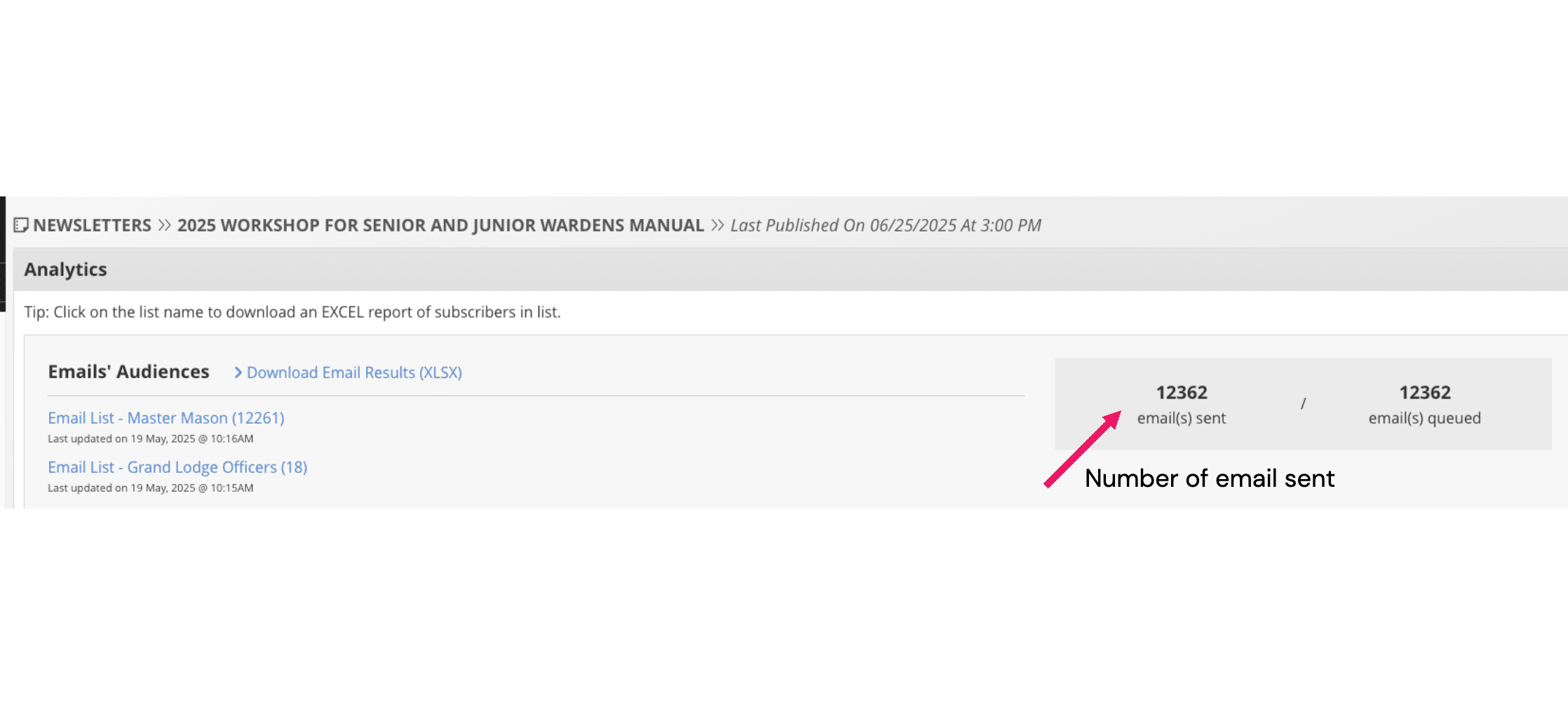 Click on "Download Email Results (XLSX)" to download the send results