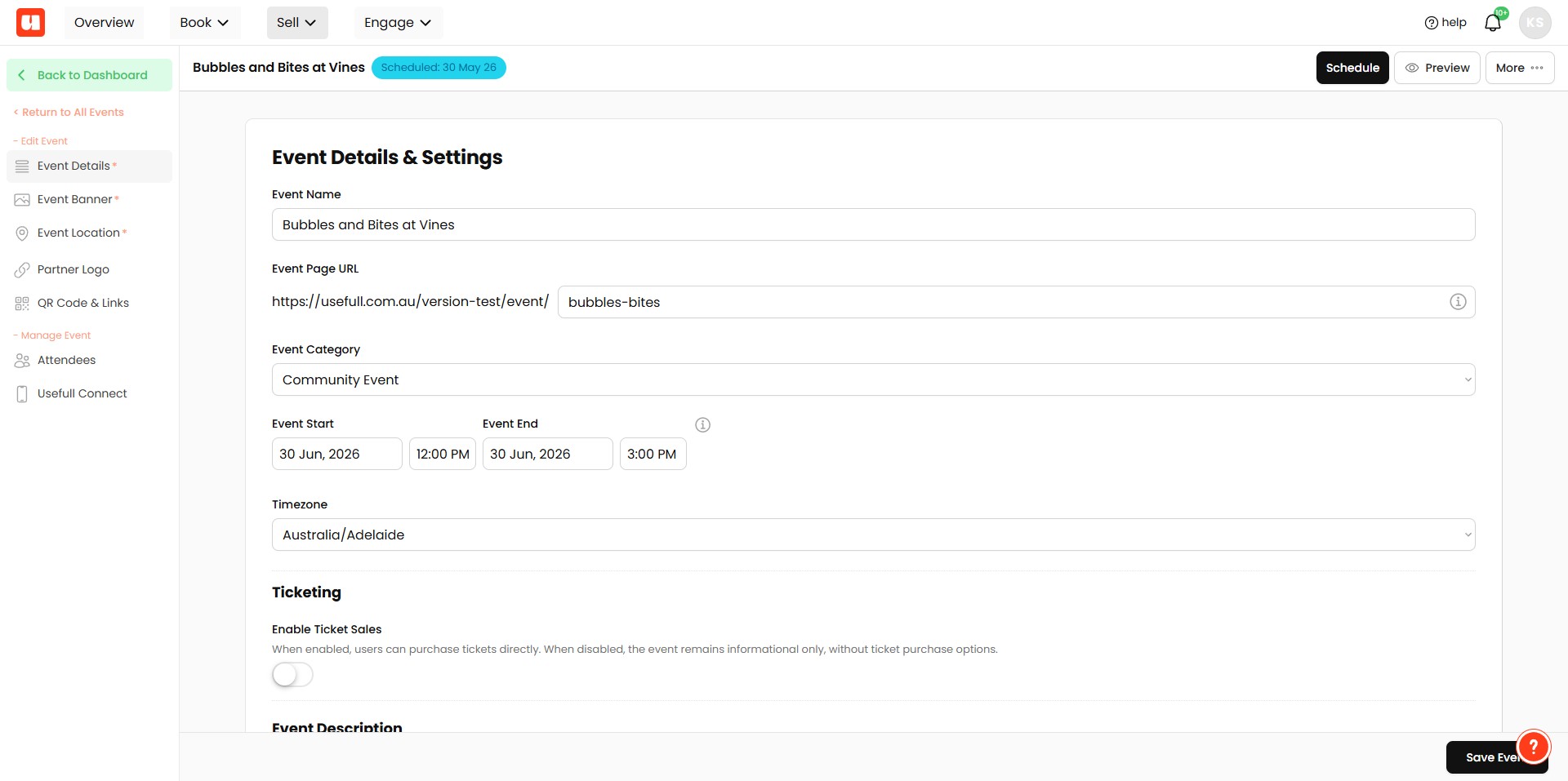 You're event is now scheduled to go live on your specified date. A blue badge will appear showing your go live date. 