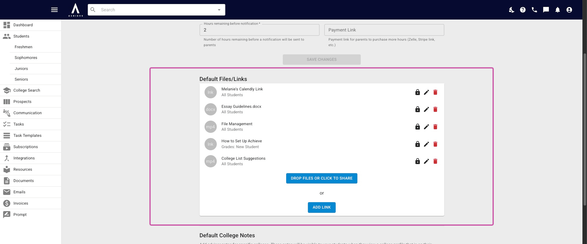 Below that is **Default Files/Links**. These are files/links that will automatically show up for either all students or students in a certain grade/status, depending on how you set up each file/link.