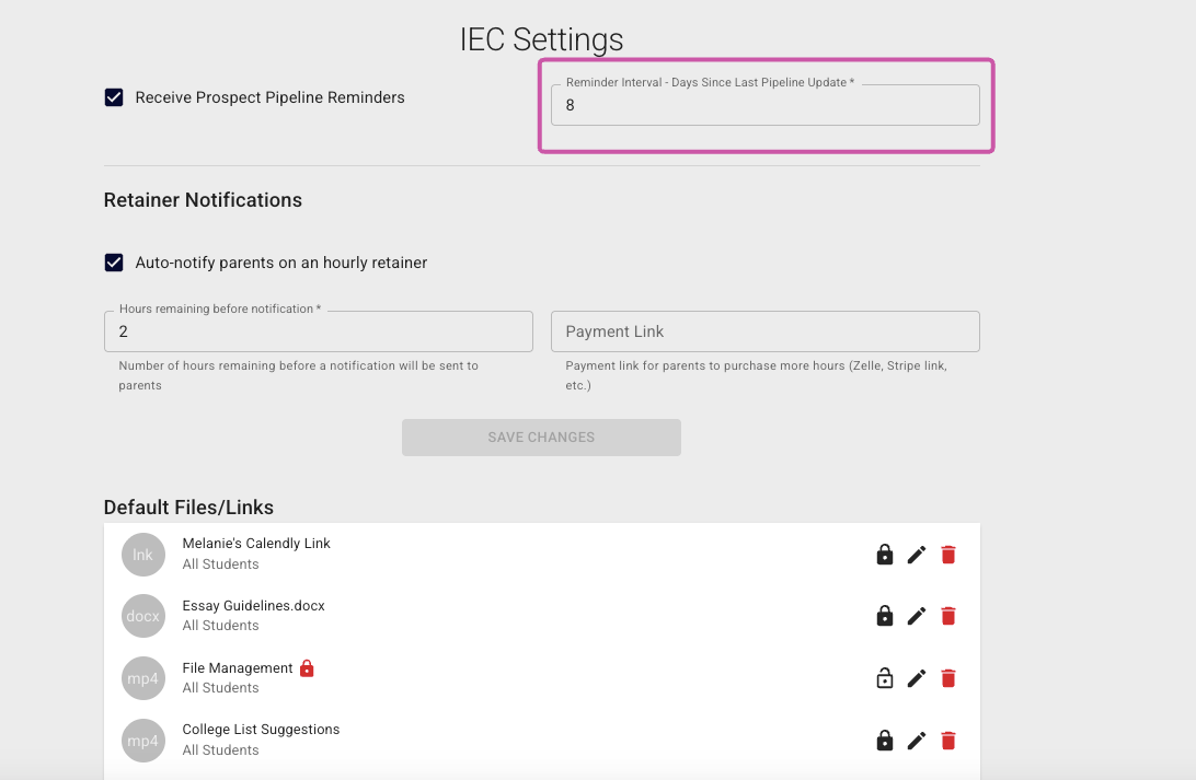 The first item under IEC Settings allows you to choose if you want to receive **Prospect Pipeline Reminder** emails and set their frequency. If the box is checked, it means you'll receive an email reminder at this interval if any families are listed in your **Prospect Pipeline**. 