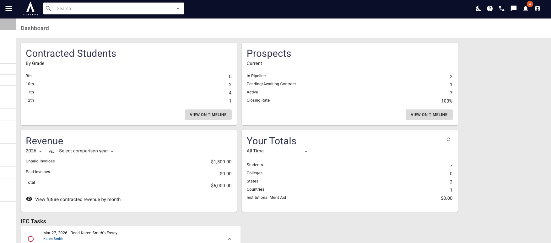 Next, we have the **Bell** icon. This is where you will find your **Notifications**. When a student marks a task as complete, adds a file, or when an invoice is paid a small **red bubble** will appear with a number in it. That number indicates how many **unread notifications** you have. 