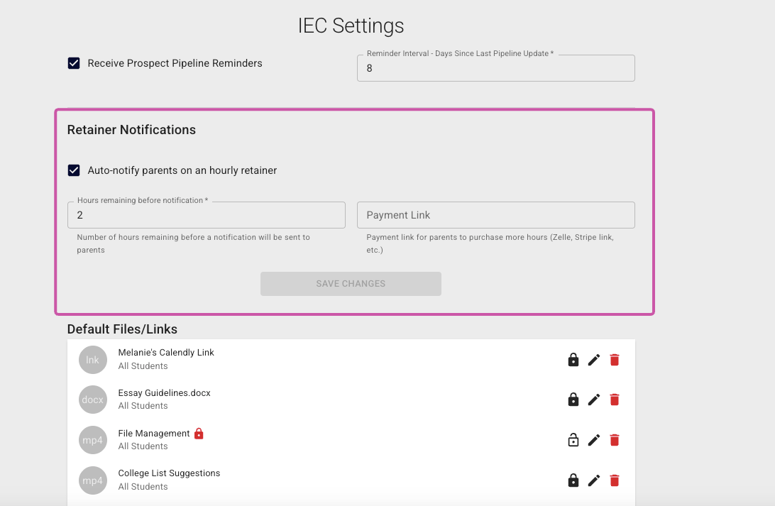 Next is **Retainer Notifications**. If you have families who buy blocks of hours, rather than comprehensive packages, you can choose to auto-notify them when their hours are running low. You can also include a **payment link** that allows them to purchase more hours automatically! 
