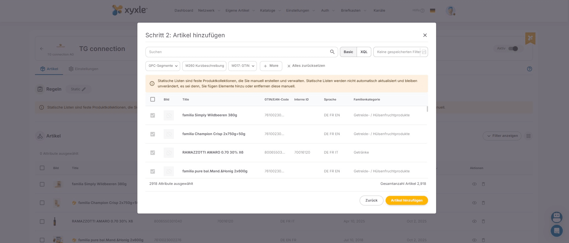 Here you can search a GTIN and publish just this one, you can also see which articles have been publish by checking the marked articles.
