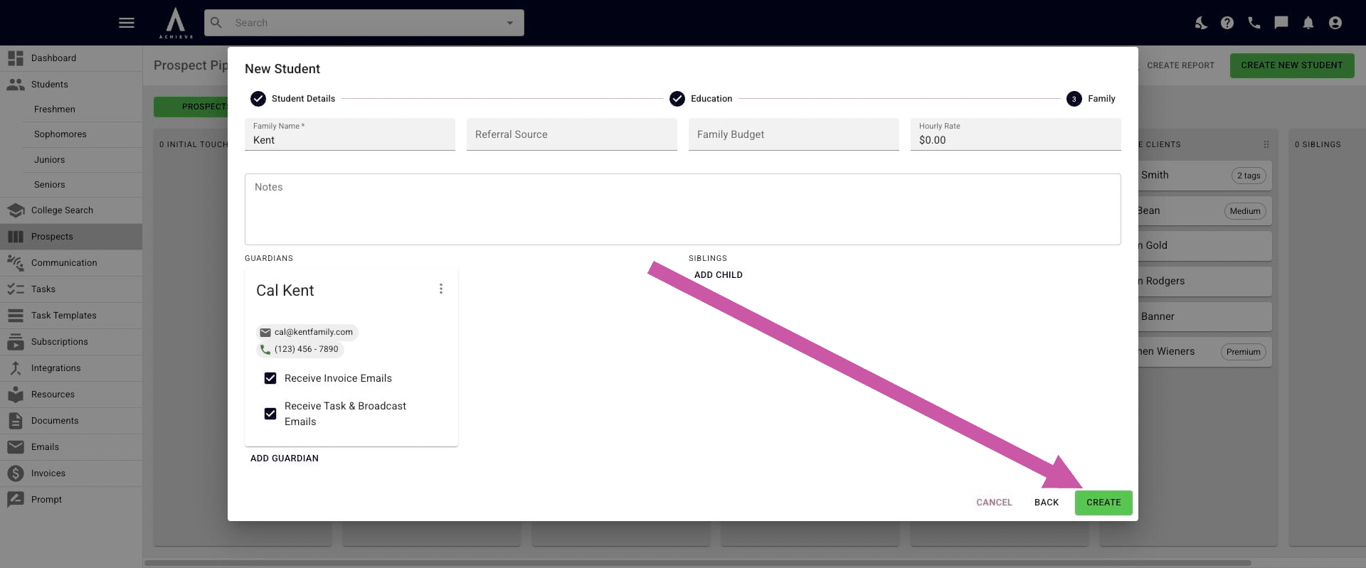 If the student has siblings, click on **Add Child** under **Siblings** and add their information. Press **Save** when you're done. Once you have added all the applicable information, click **Create.**