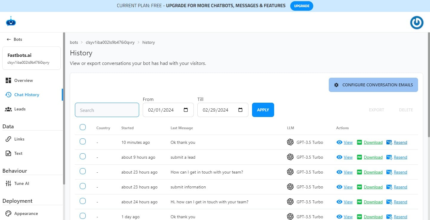 If you want to resend a conversation to your email, just click on "Resend" button and it will send the conversation to your configured email. 
