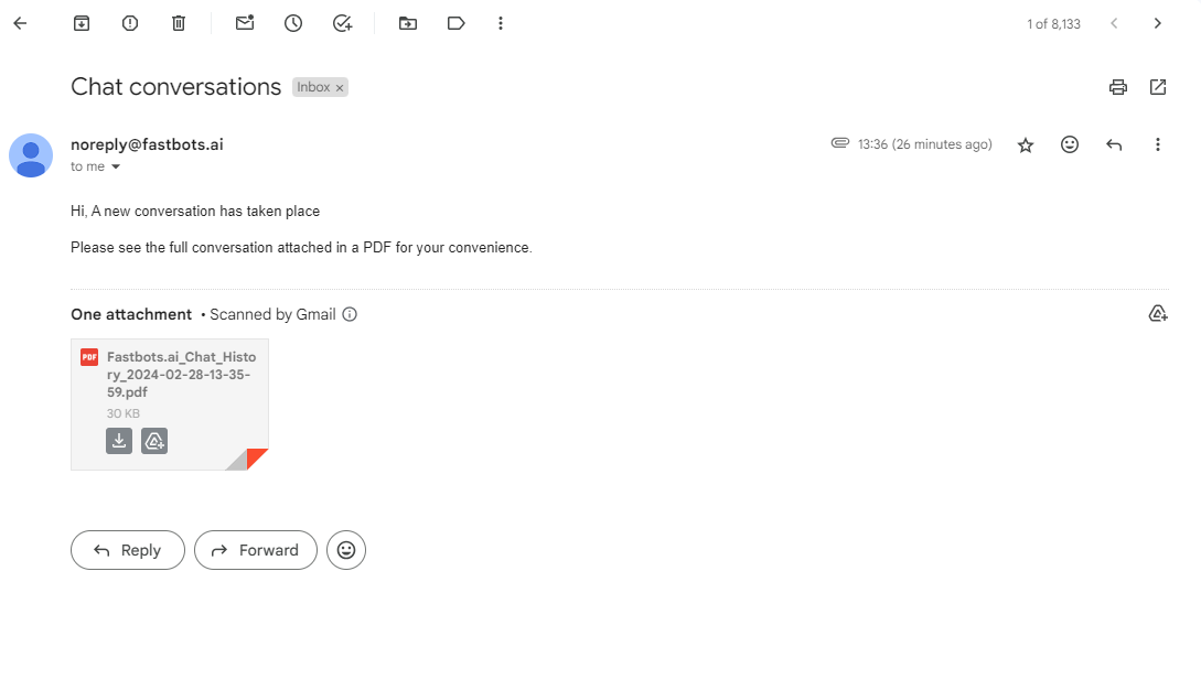 Whenever your Chatbot interacts with a user, you will receive an email notification like this. 