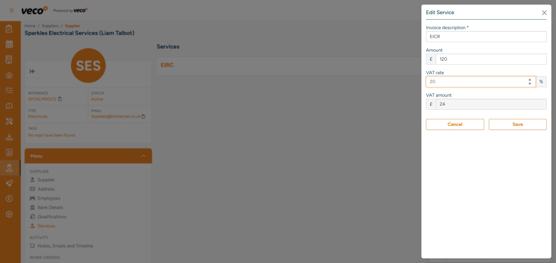 As an example, if EICR tests are always invoiced at £120 +VAT, this would be how you would add it as a service