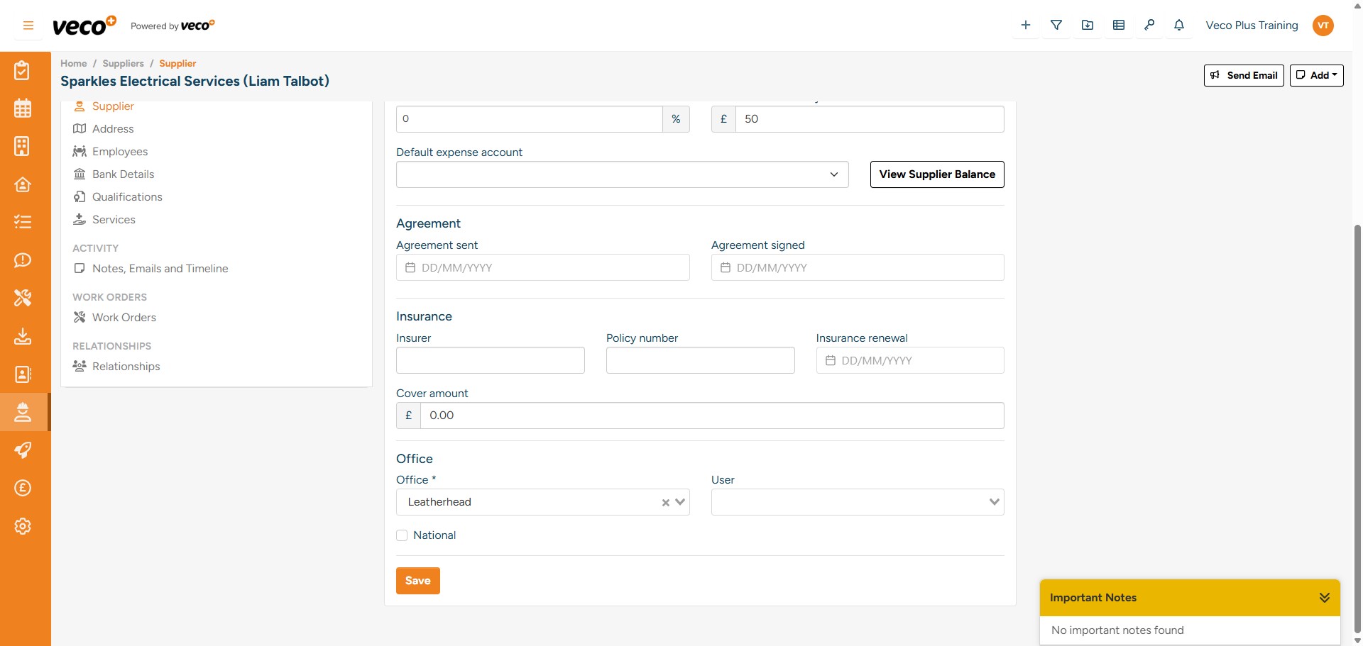 The Supplier’s Public Liability Insurance can also be added with a renewal date and the amount of cover they have in place. You will be able to choose which Office this supplier is associated with (where applicable). The ‘National’ tick box will also allow all offices within any region to use this supplier 