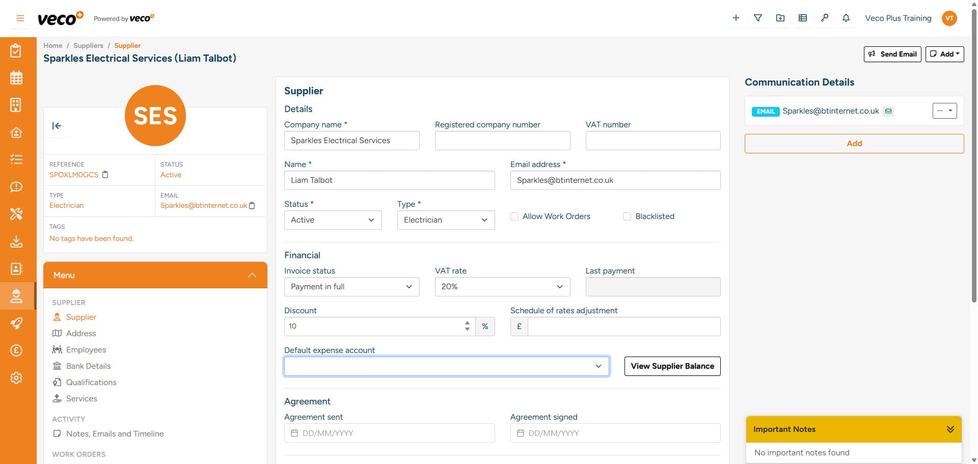 The ‘Discount’ and ‘Schedule of rates adjustment’ will also need to be entered where applicable, this will allow for a discount to be charged on any invoice for the supplier.
 Discount – This will apply a discount based on the percentage added to any value invoiced for the supplier 