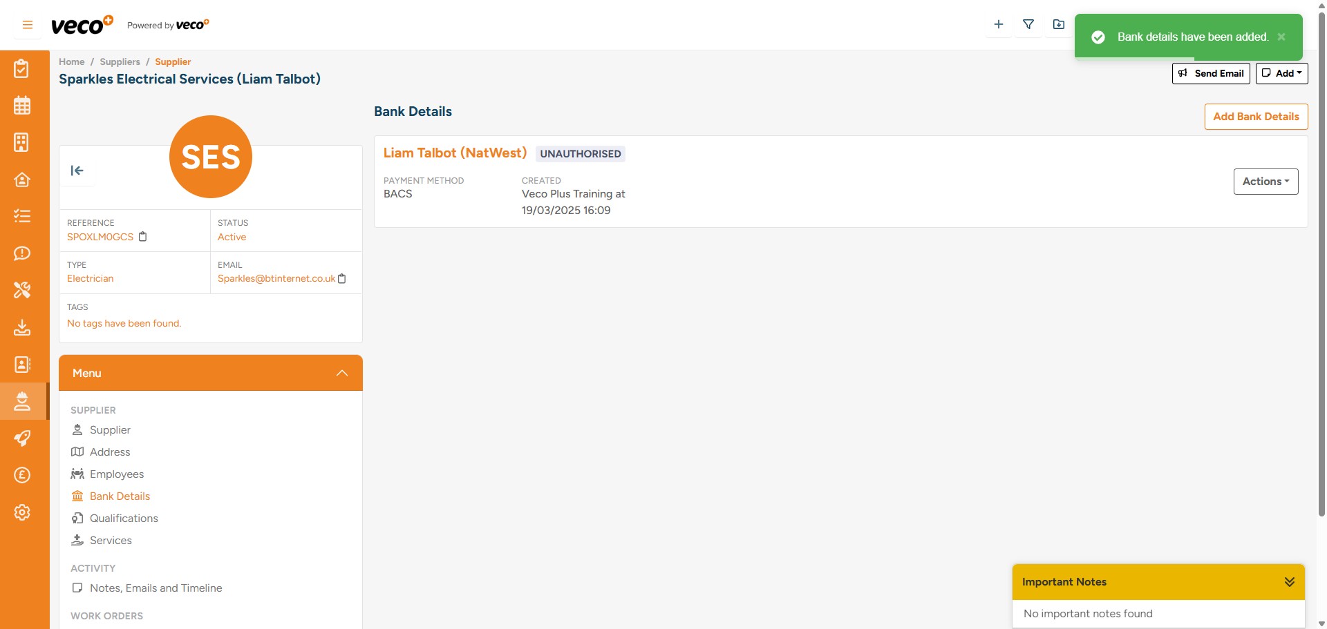 The user with the correct permissions can authorise bank details by selecting 'Actions' then 'Authorise'
