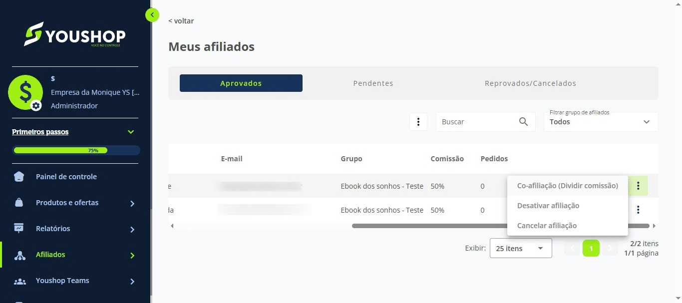 Clique em “Coafiliação (Dividir comissão)”.