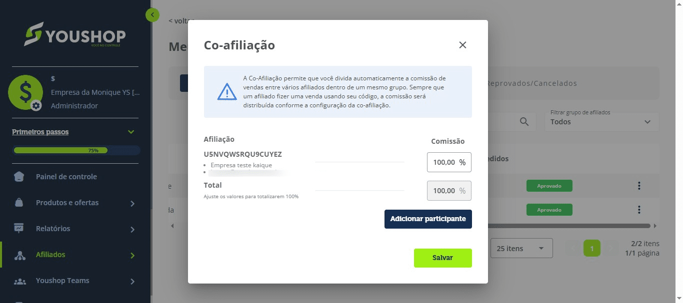 Clique em “Adicionar participante” caso queira dividir a comissão com mais pessoas.