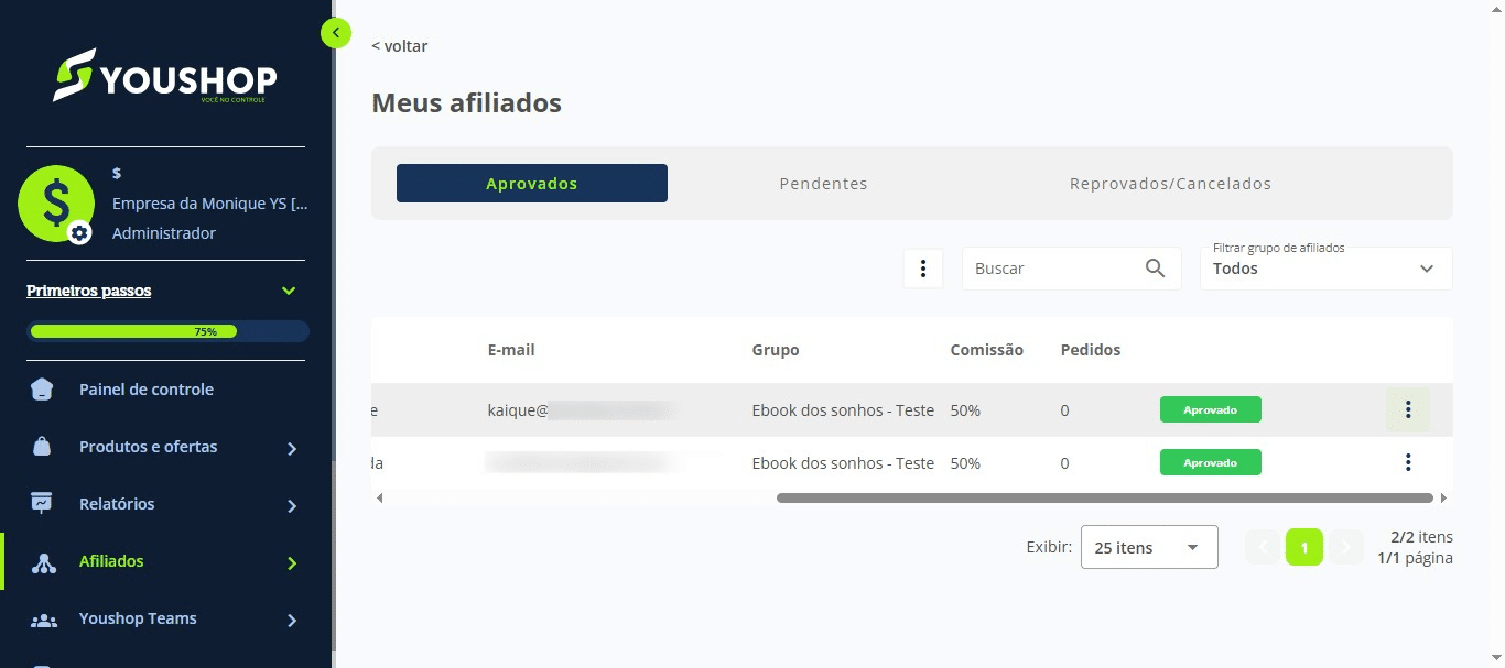 Selecione o afiliado que deseja configurar na coafiliação.